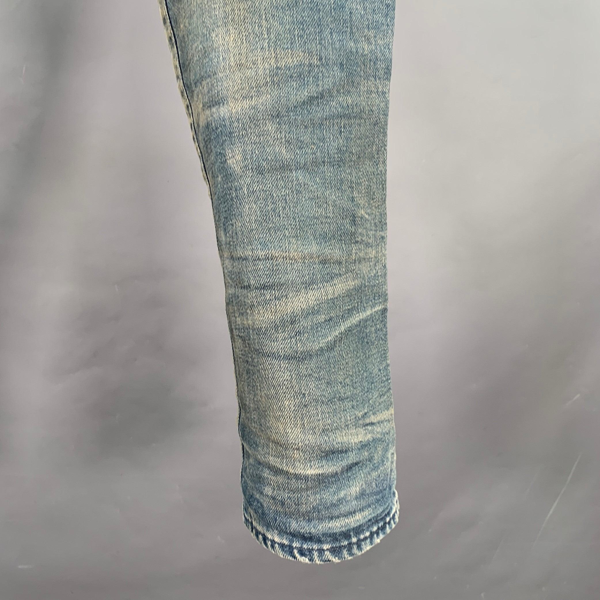 Uomo John Elliott Taglia 34 Blu Grigio Distressed Cotton Button Fly Jeans