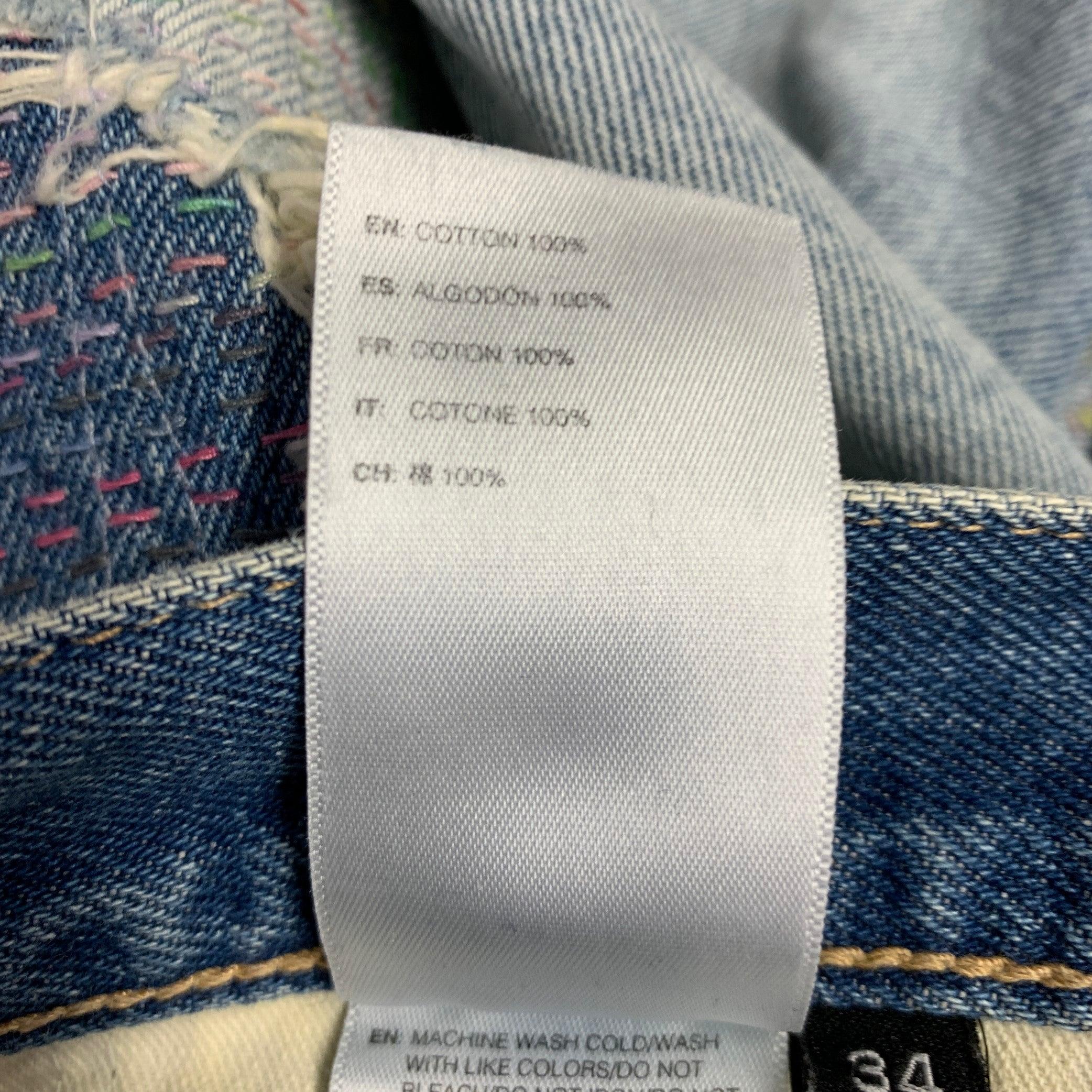 JOHN ELLIOTT Size 34 Daze Opal Sashiko- Blue Multi Color Embroidery Cotton Jeans For Sale 5