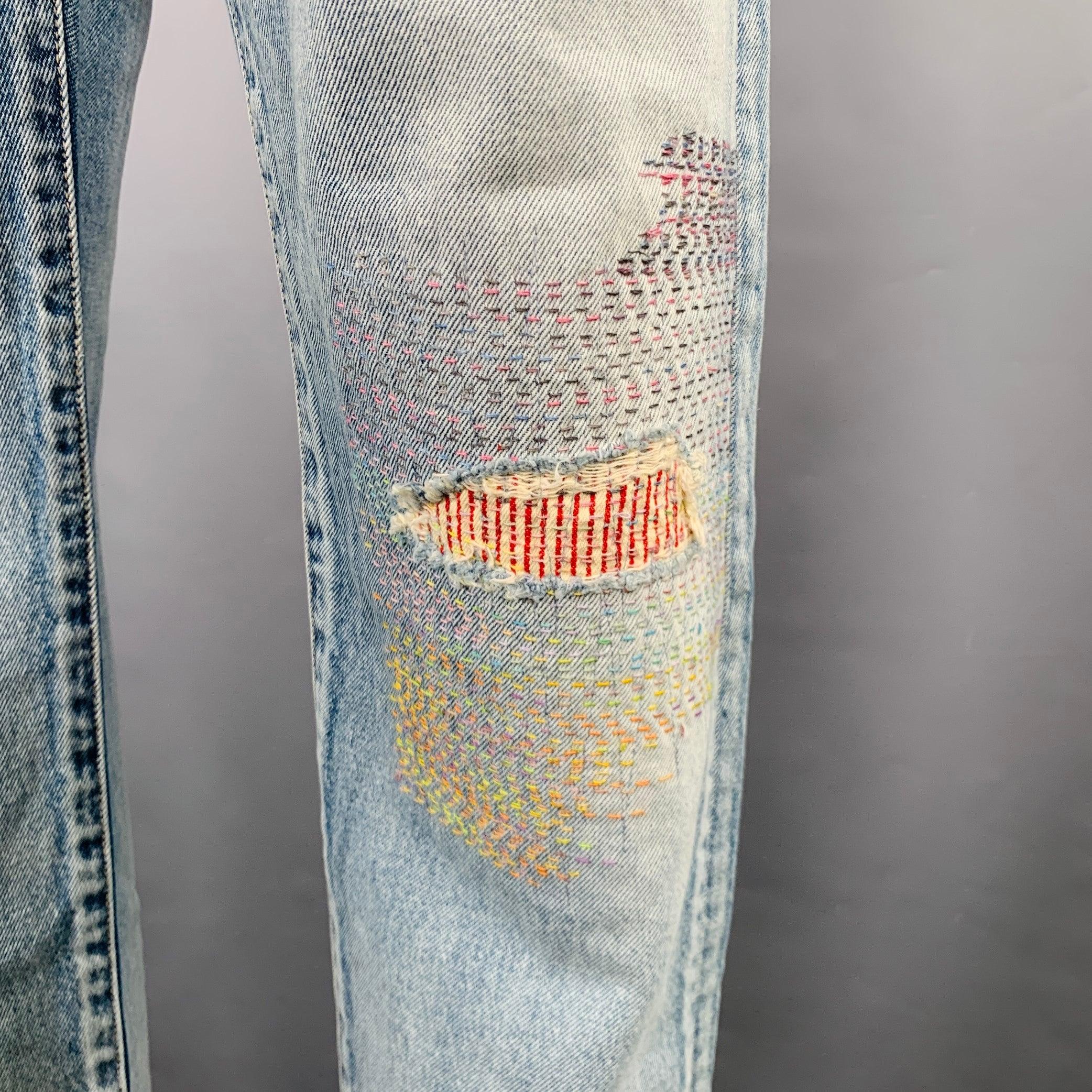 Gray JOHN ELLIOTT Size 34 Daze Opal Sashiko- Blue Multi Color Embroidery Cotton Jeans For Sale