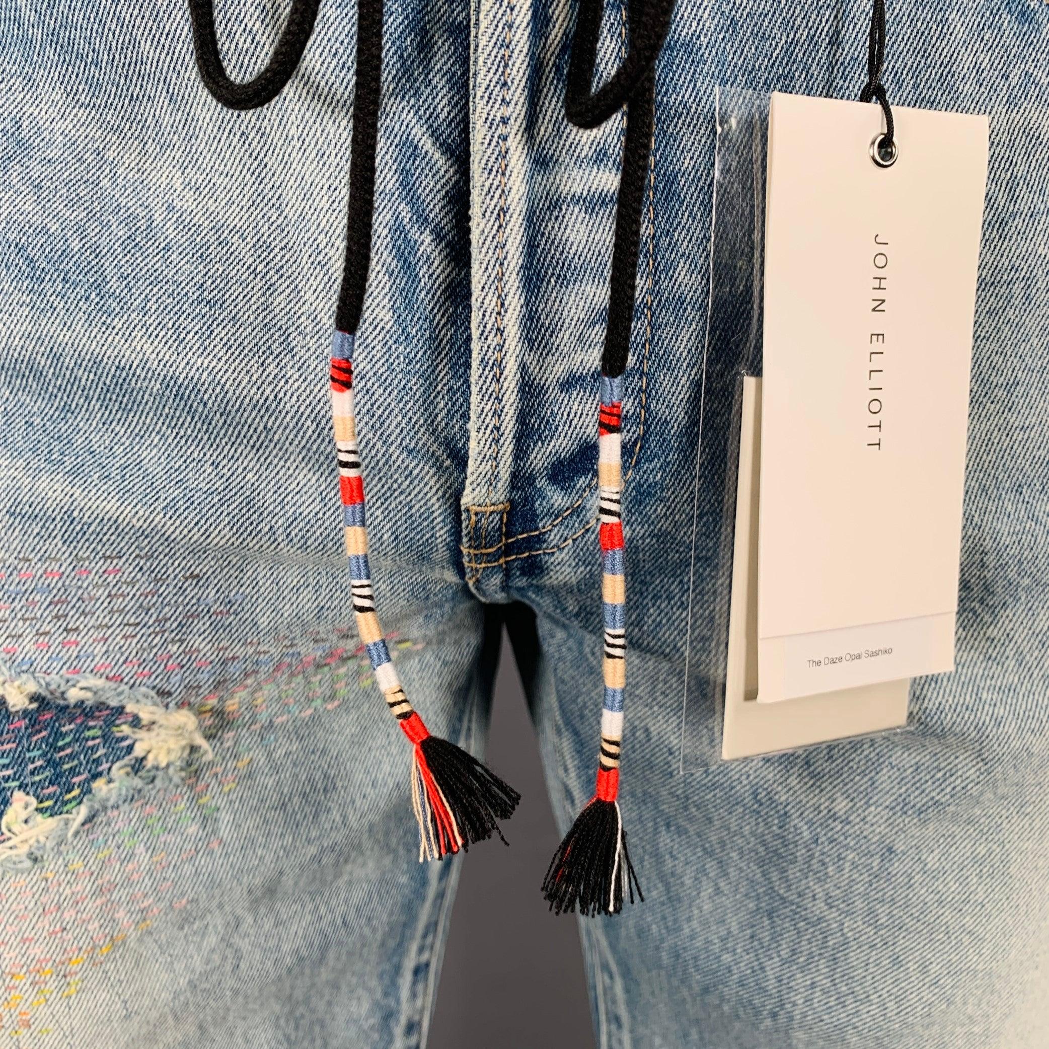 JOHN ELLIOTT Size 34 Daze Opal Sashiko- Blue Multi Color Embroidery Cotton Jeans In Excellent Condition For Sale In San Francisco, CA