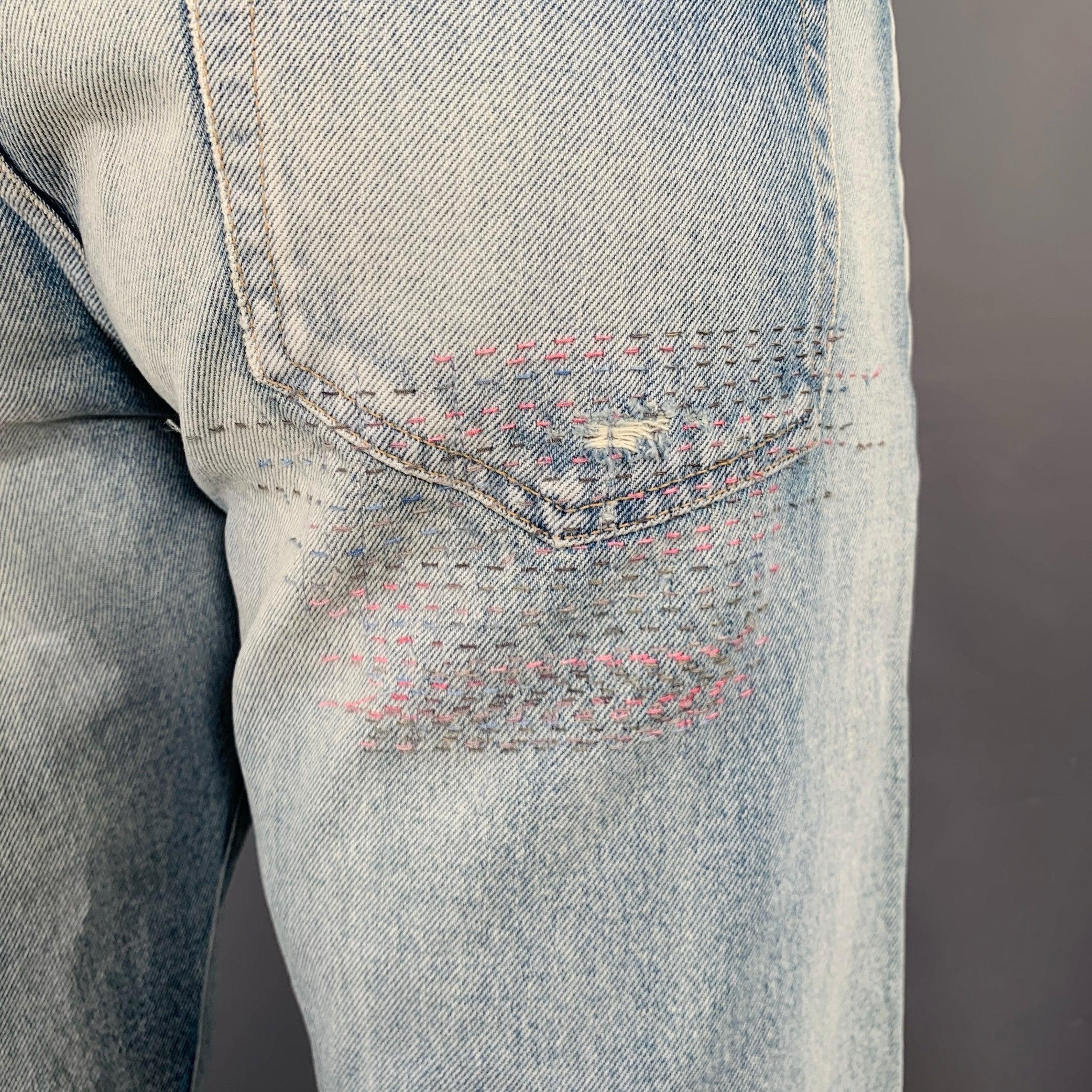 JOHN ELLIOTT Size 34 Daze Opal Sashiko- Blue Multi Color Embroidery Cotton Jeans For Sale 1