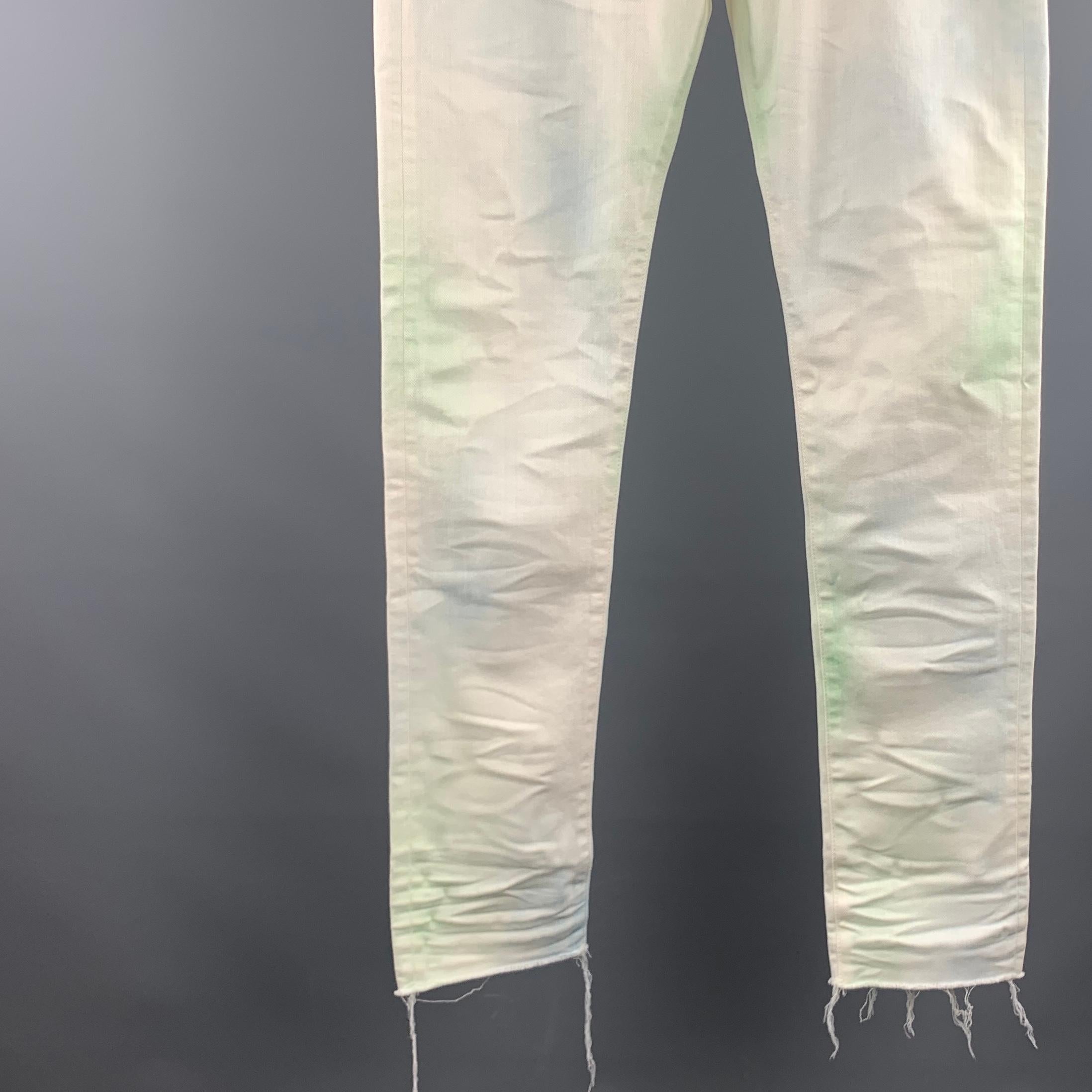 Beige JOHN ELLIOTT Size 34 x 34 Off White / Green Distressed Cotton Button Fly Jeans
