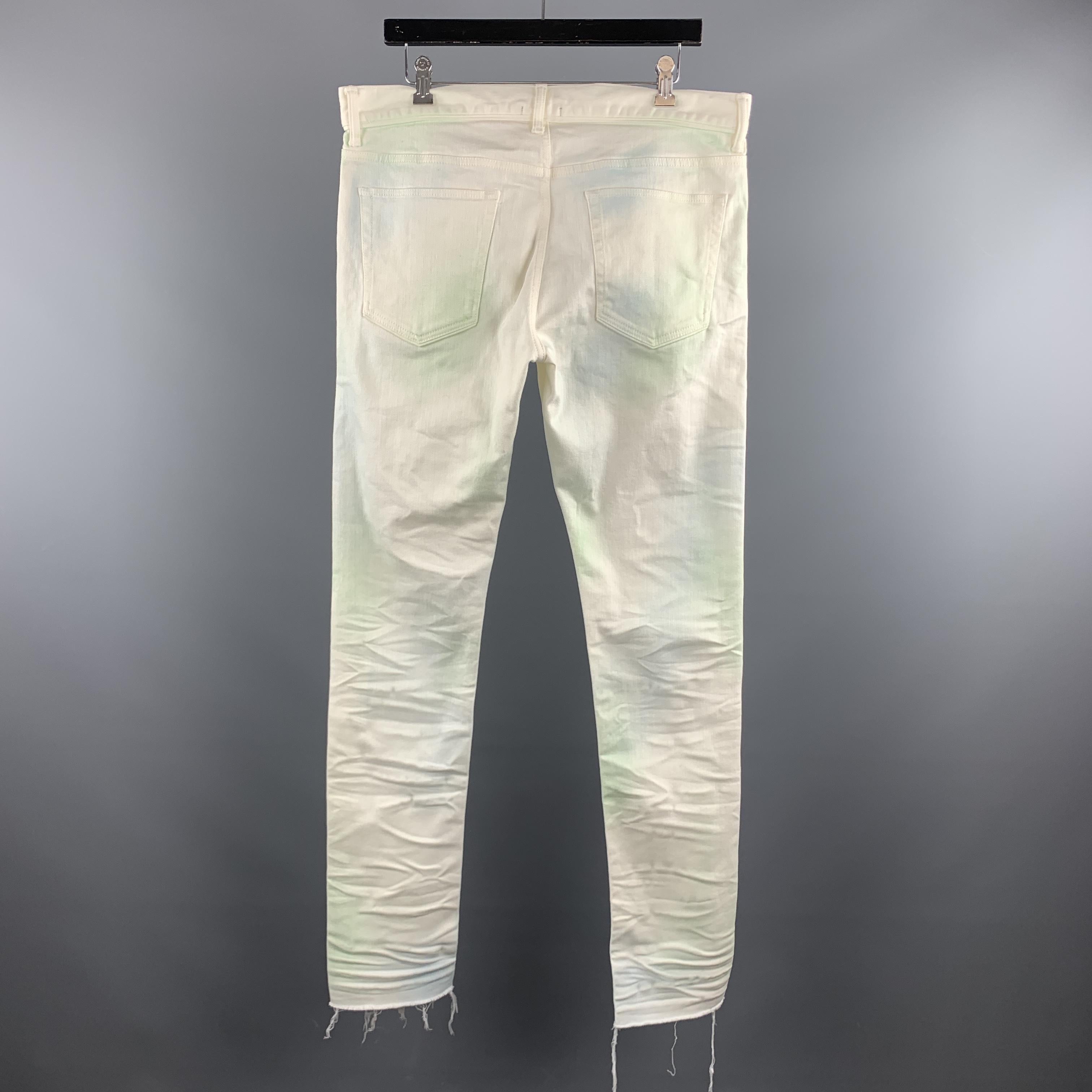 JOHN ELLIOTT Size 34 x 34 Off White / Green Distressed Cotton Button Fly Jeans In New Condition In San Francisco, CA