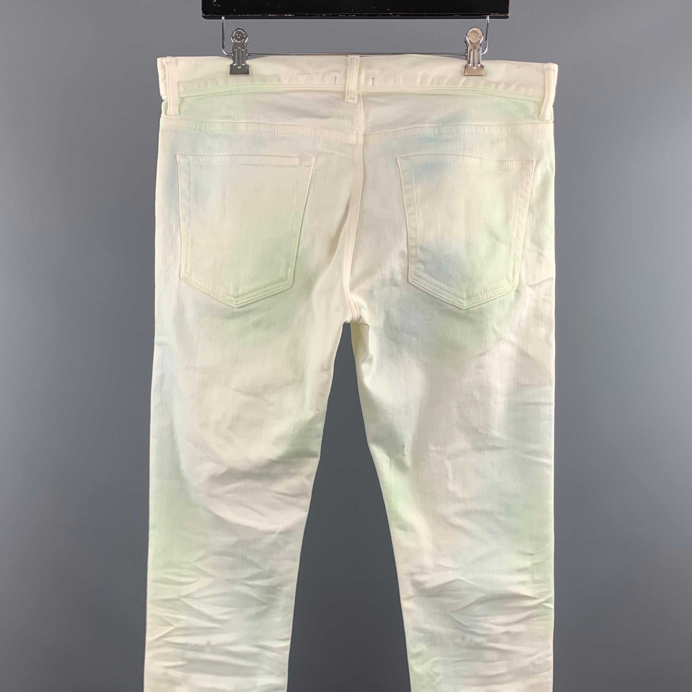 Men's JOHN ELLIOTT Size 34 x 34 Off White / Green Distressed Cotton Button Fly Jeans