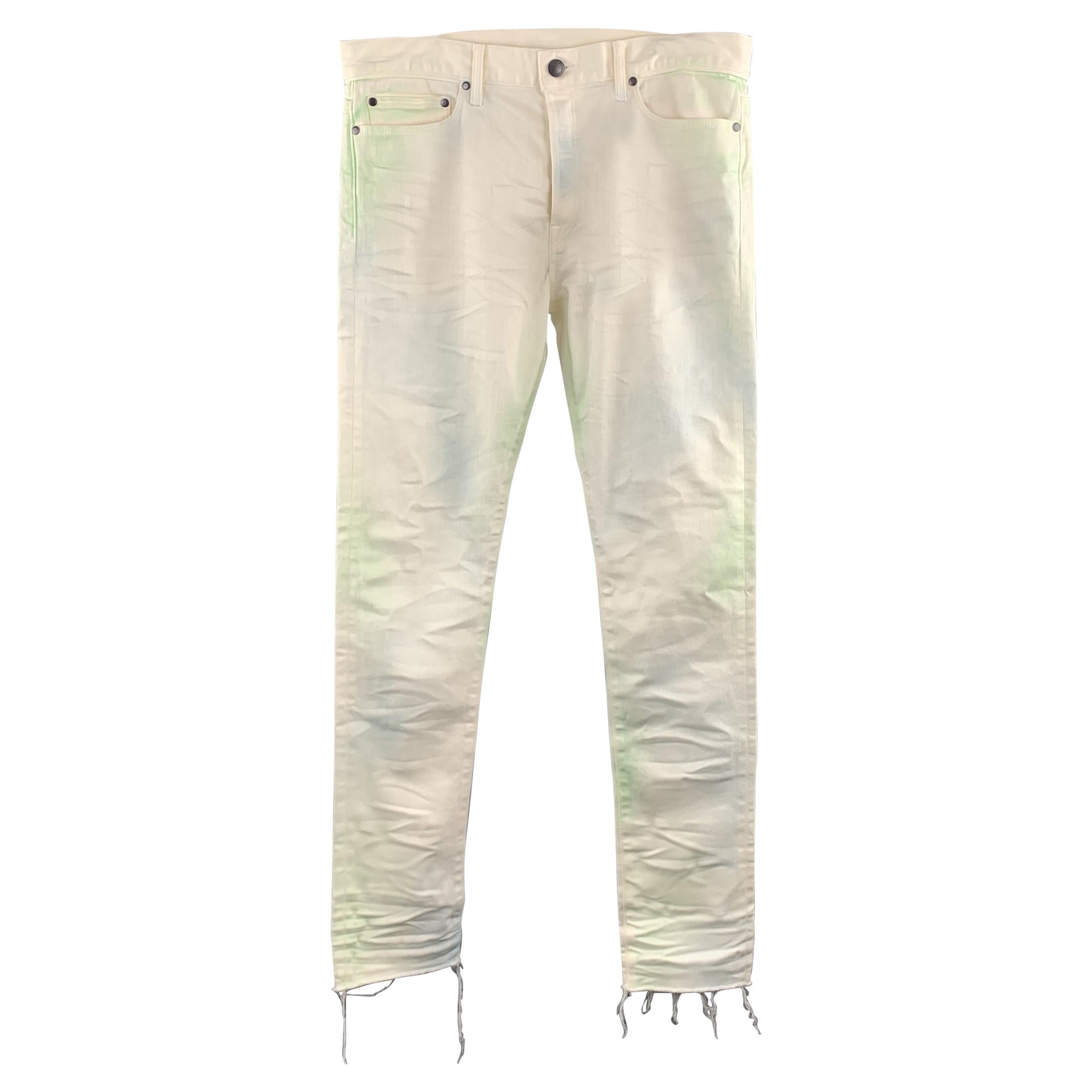 JOHN ELLIOTT Size 34 x 34 Off White / Green Distressed Cotton Button Fly Jeans