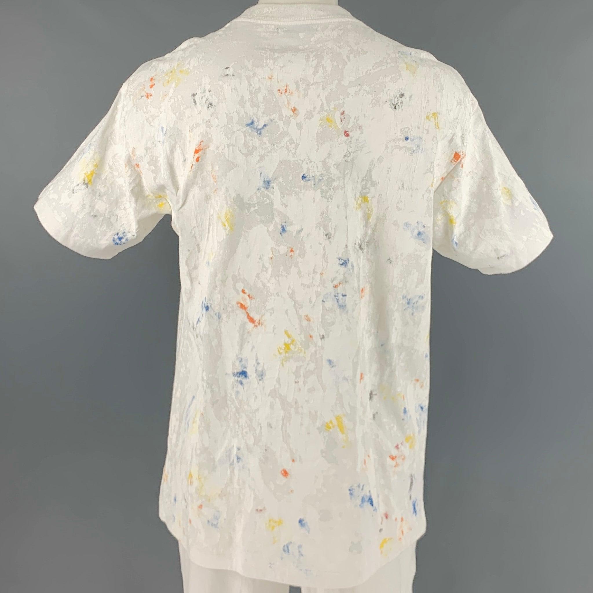 JOHN ELLIOTT Size L White Multi-Color Splattered Cotton Crew-Neck T-shirt In Excellent Condition For Sale In San Francisco, CA