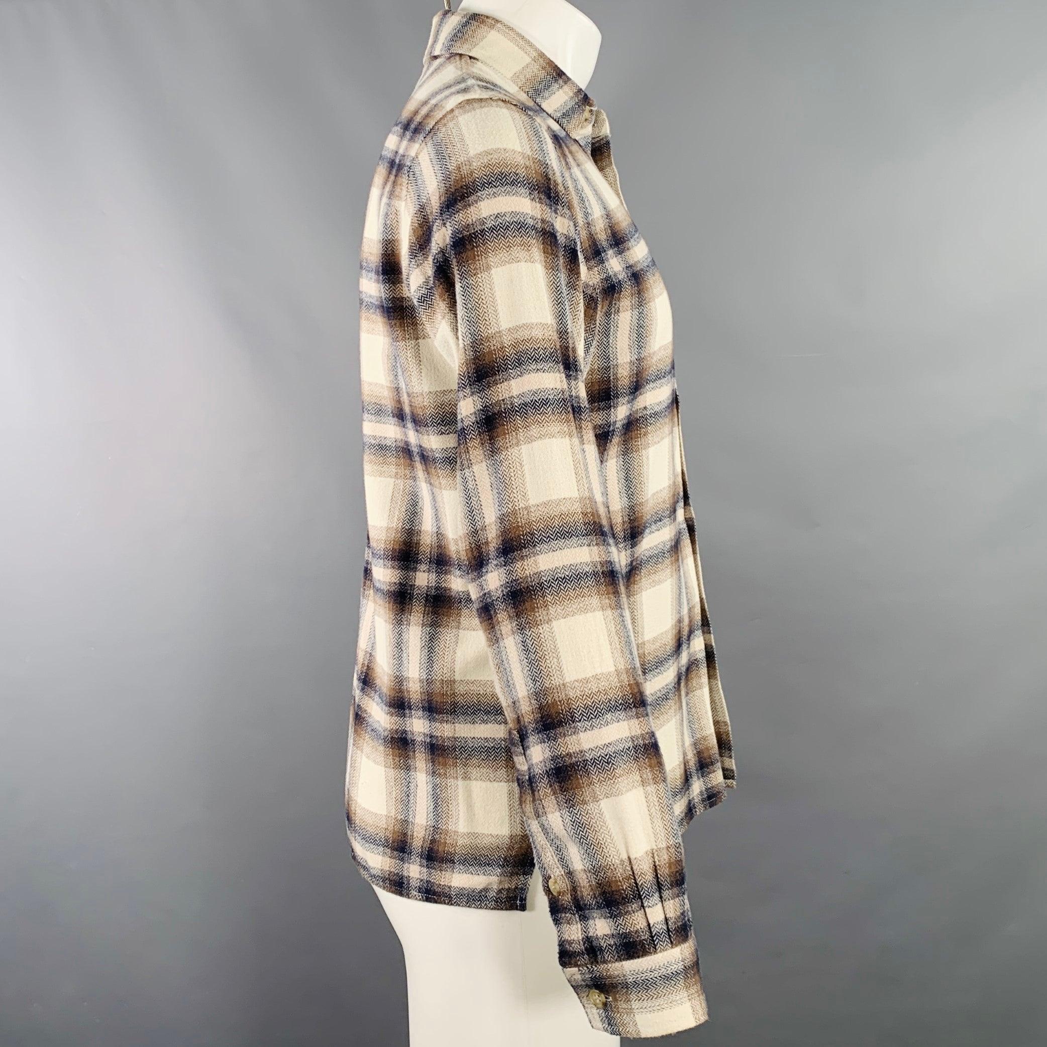 JOHN ELLIOTT long sleeve shirt
in a beige, blue, and brown cotton woven fabric featuring a plaid pattern, one pocket, and button closure. Excellent Pre-Owned Condition. 

Marked:   S 

Measurements: 
 
Shoulder: 15 inches Chest: 40 inches Sleeve: