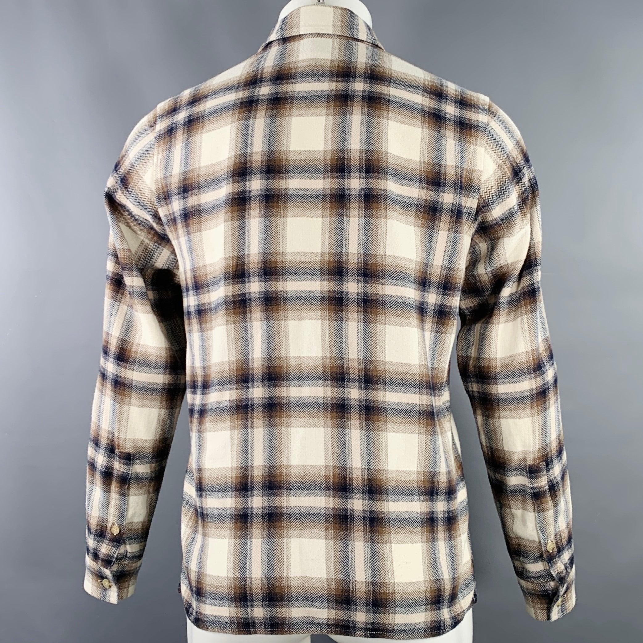JOHN ELLIOTT Size S Beige Blue Brown Plaid Cotton One Pocket Long Sleeve Shirt In Excellent Condition For Sale In San Francisco, CA