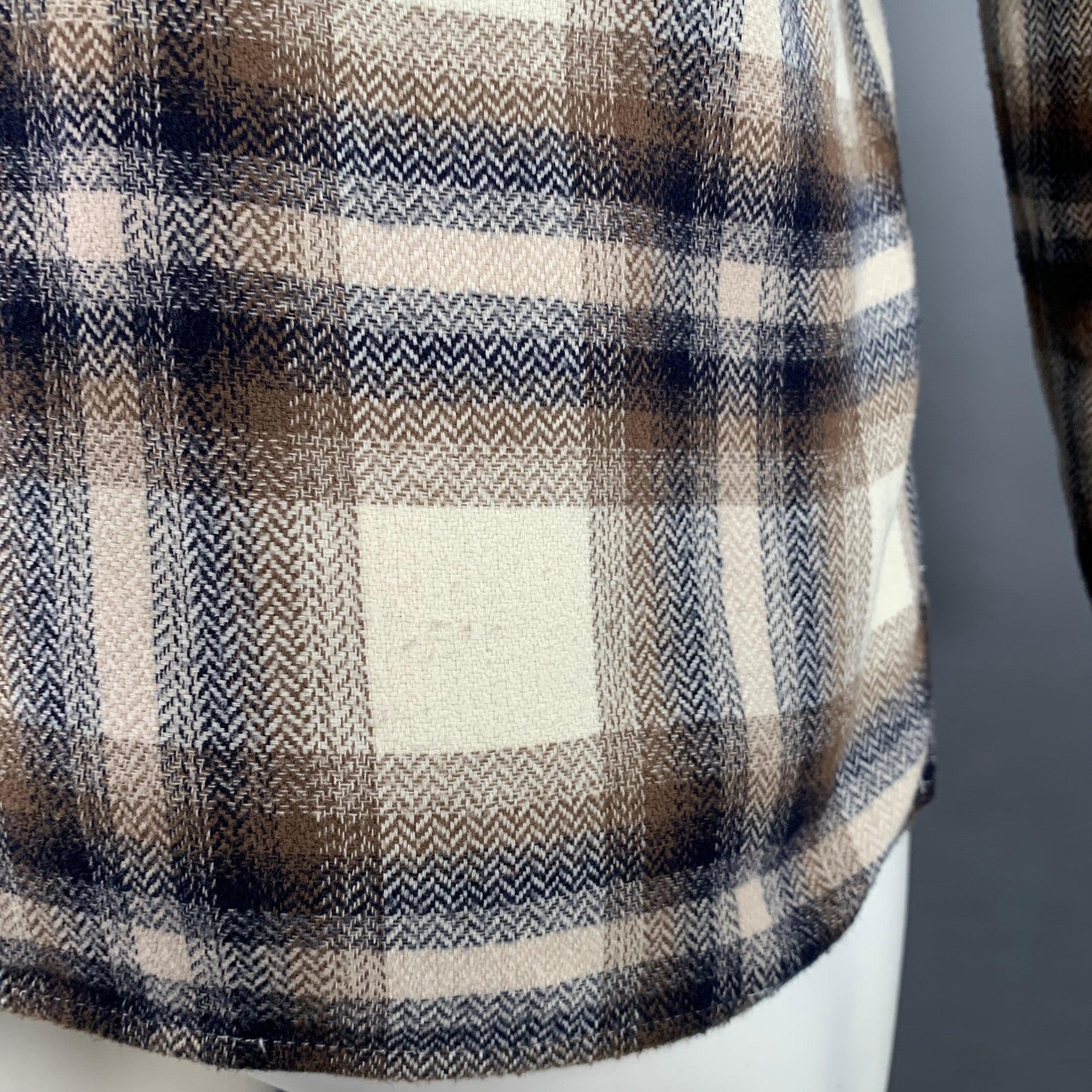Men's JOHN ELLIOTT Size S Beige Blue Brown Plaid Cotton One Pocket Long Sleeve Shirt For Sale