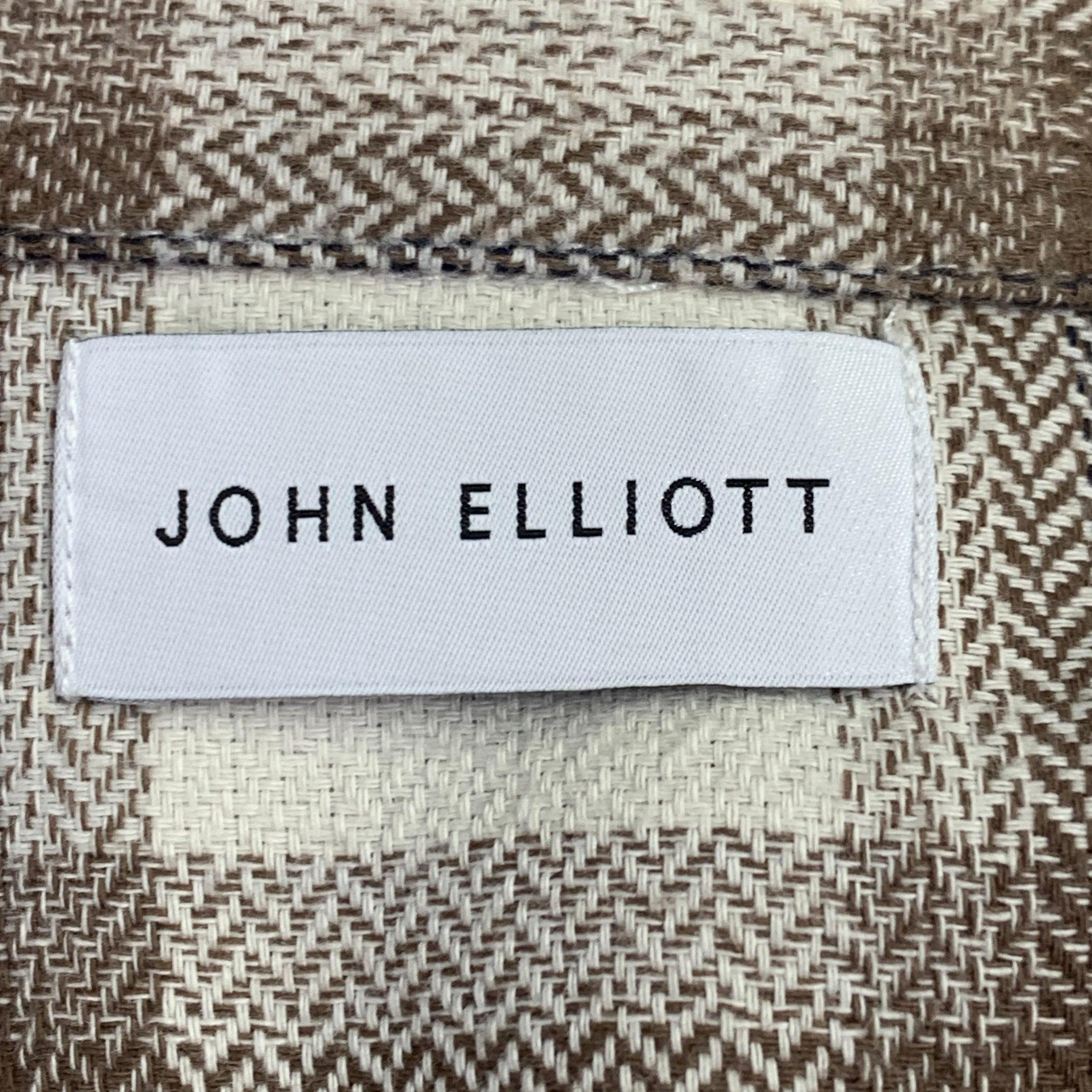 JOHN ELLIOTT Size S Beige Blue Brown Plaid Cotton One Pocket Long Sleeve Shirt For Sale 1