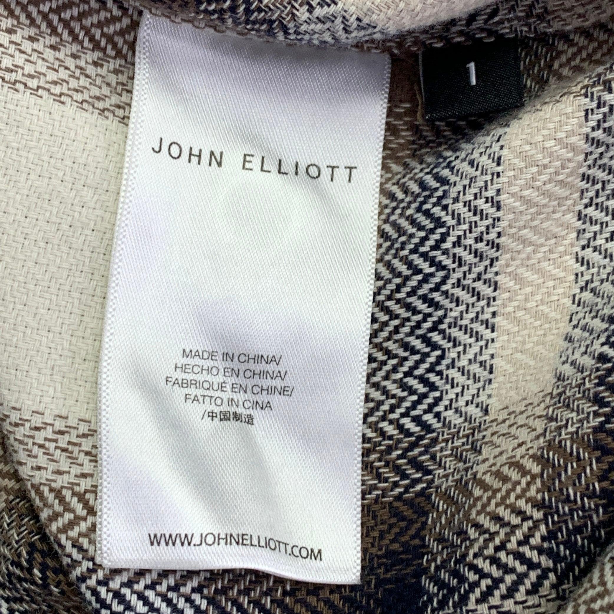 JOHN ELLIOTT Size S Beige Blue Brown Plaid Cotton One Pocket Long Sleeve Shirt For Sale 2