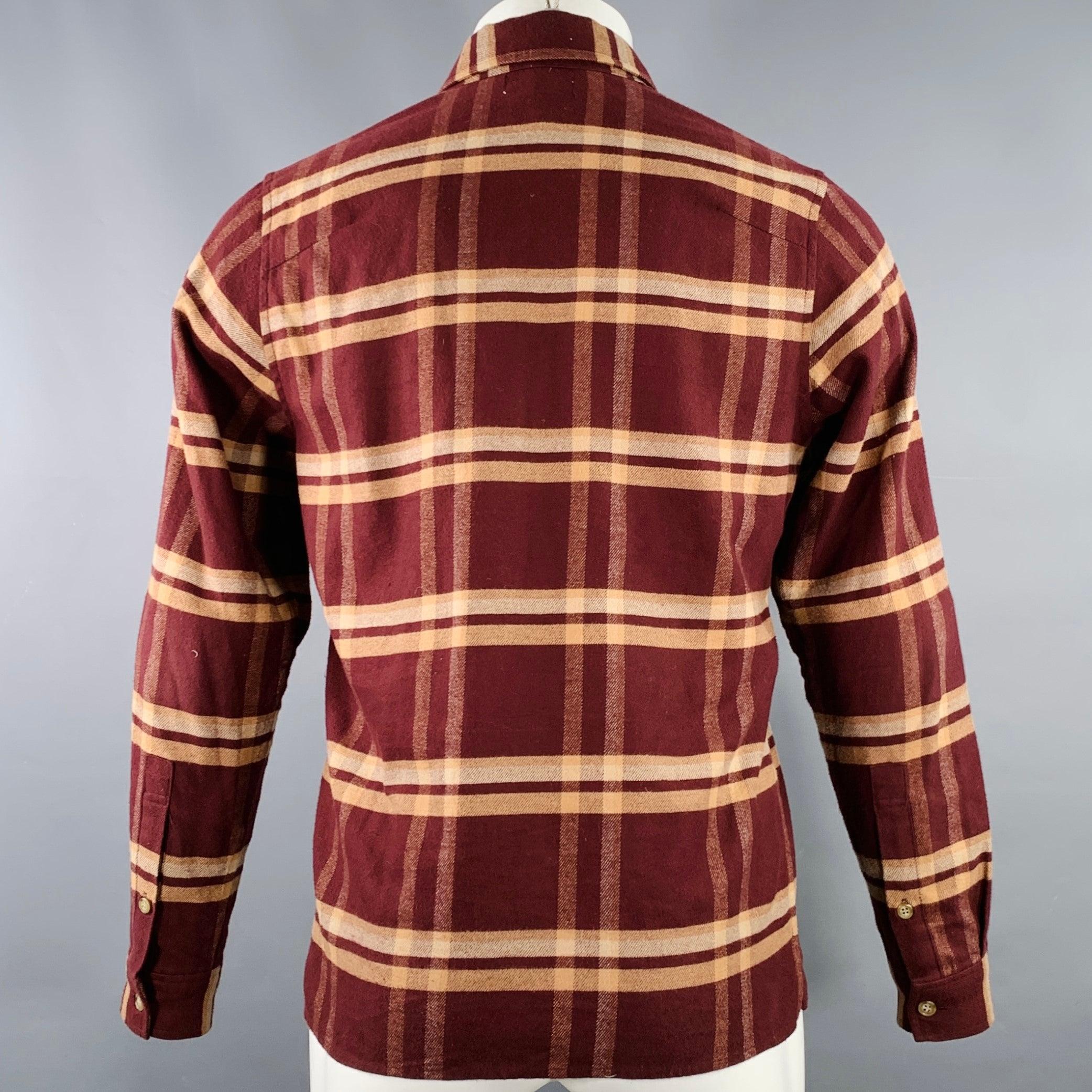JOHN ELLIOTT Size S Burgundy Yellow Plaid Cotton One Pocket Long Sleeve Shirt In Good Condition For Sale In San Francisco, CA