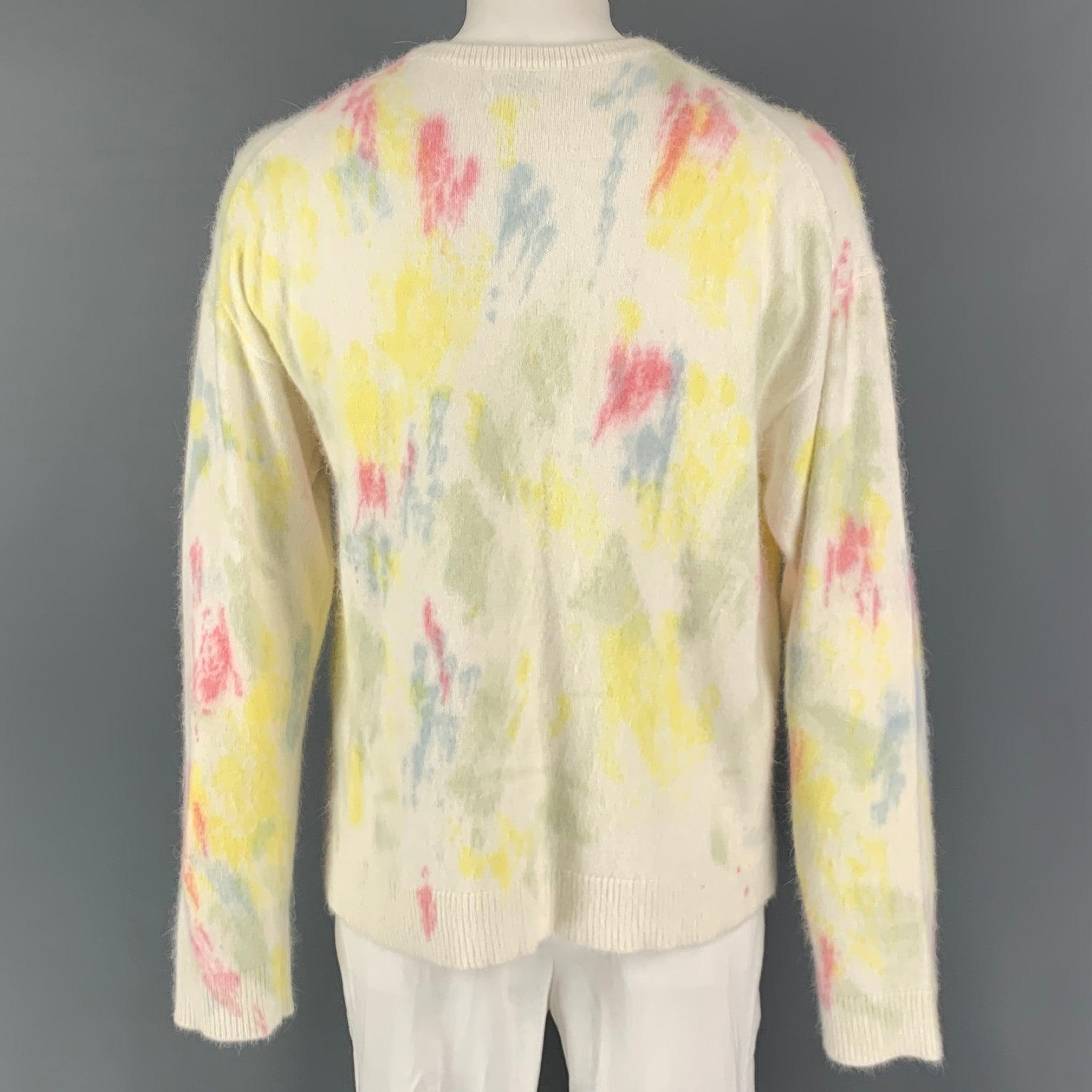 JOHN ELLIOTT Size XL Off White Yellow Painted Angora  Nylon Crew-Neck Sweater In Excellent Condition For Sale In San Francisco, CA