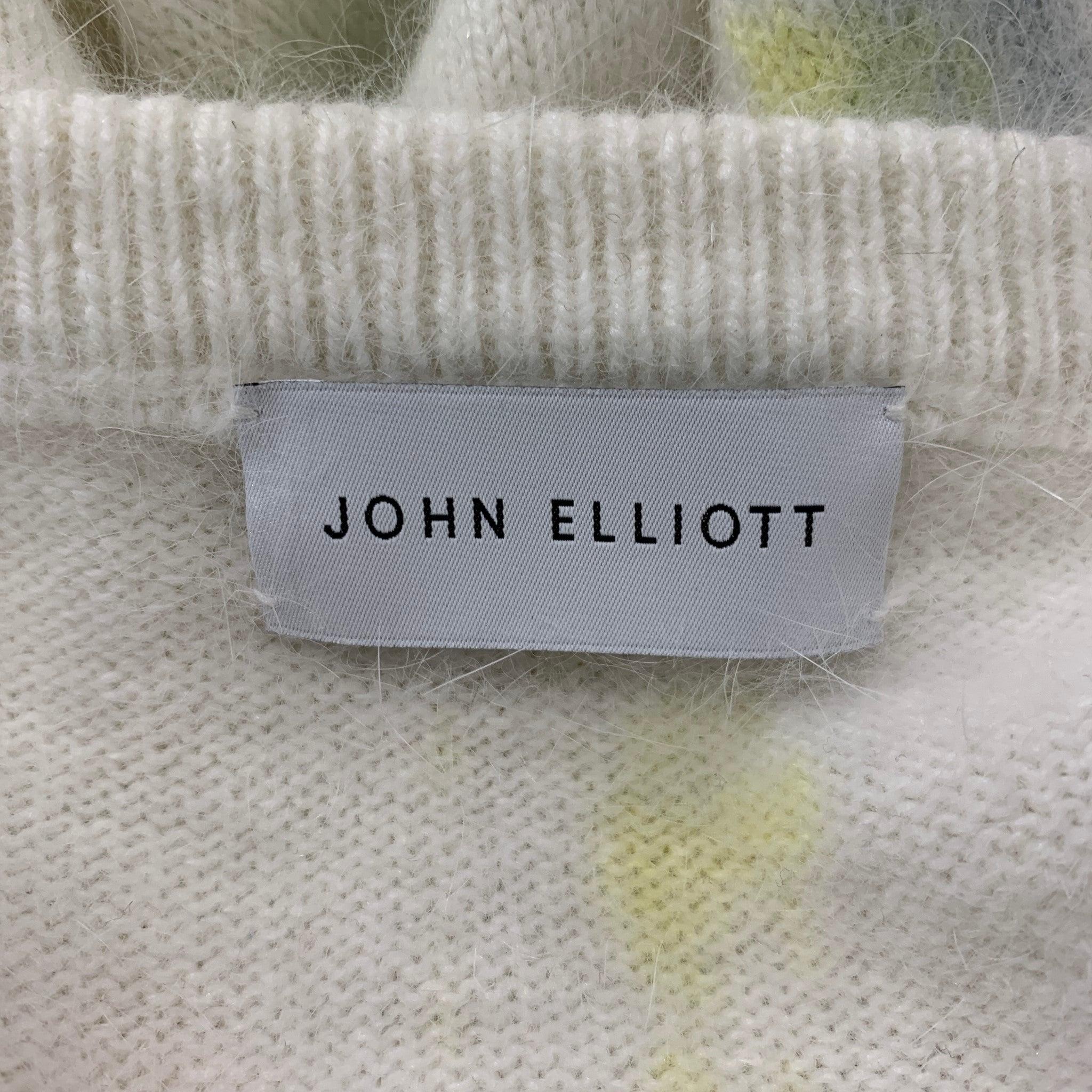 Men's JOHN ELLIOTT Size XL Off White Yellow Painted Angora  Nylon Crew-Neck Sweater For Sale