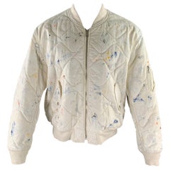 JOHN ELLIOTT - Giacca bomber in cotone con schizzi di vernice, bianca e marina, taglia XL