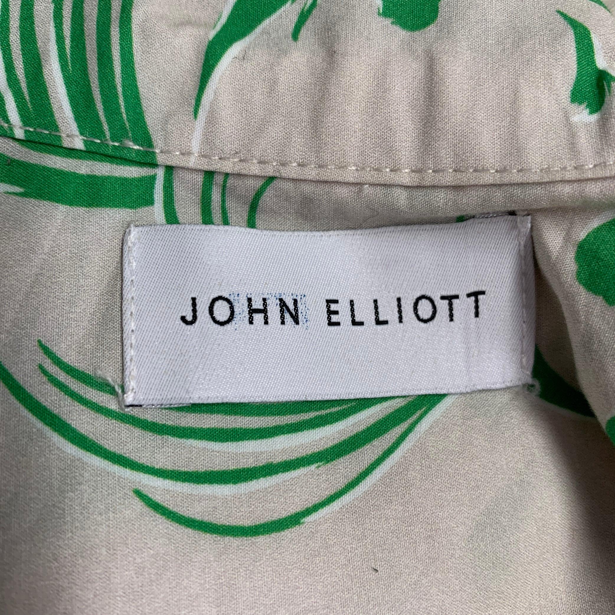 Men's JOHN ELLIOTT Size XS Beige Green Abstract One Pocket Short Sleeve Shirt For Sale