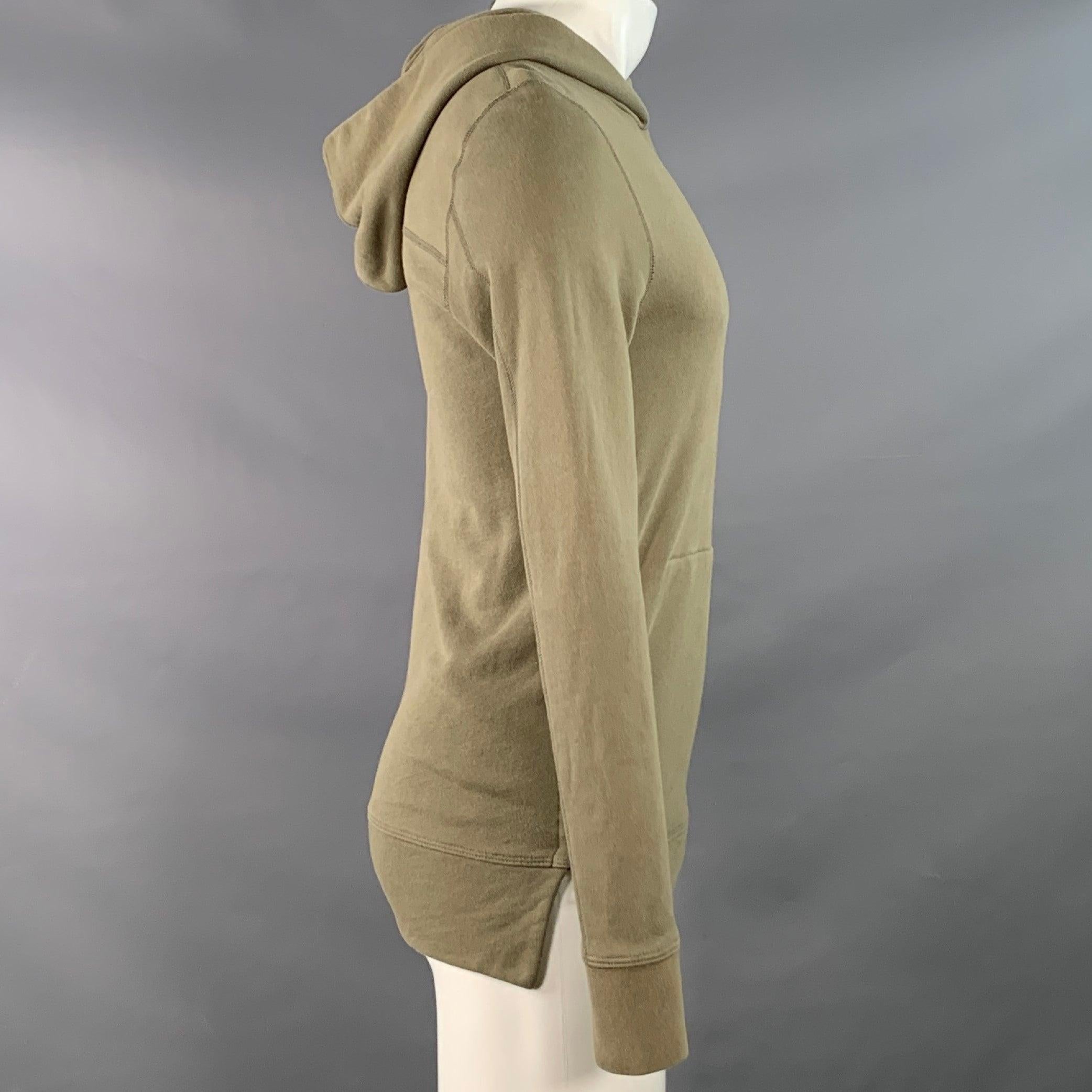 JOHN ELLIOTT sweatshirt
in a sage green cotton featuring a hooded style, side zipper details, and inner kangaroo pocket. Made in USA.Very Good Pre-Owned Condition. Minor signs of wear. 

Marked:   0 

Measurements: 
 
Shoulder: 17.5 inches Chest: 37
