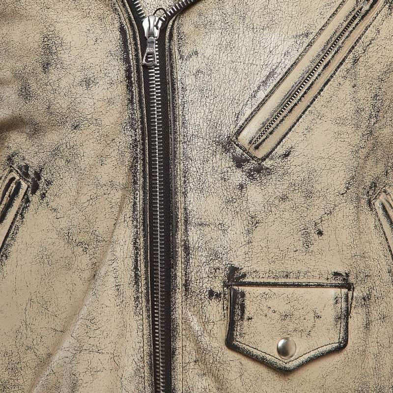 John Elliott X Blackmeans Beige Distress Ivory Paint Leather Riders Jacket XL In Excellent Condition For Sale In Dubai, Al Qouz 2