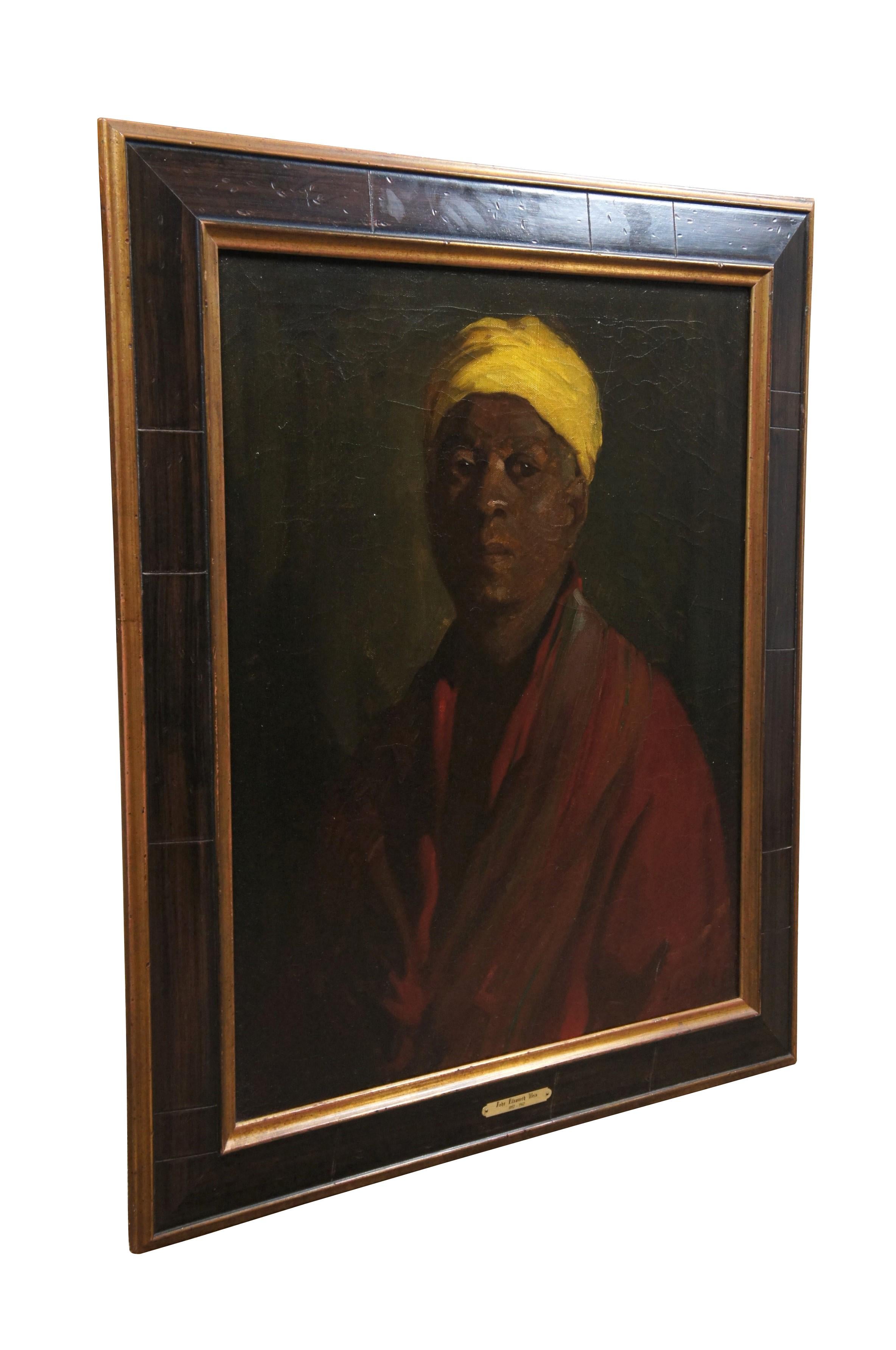 Mid 20th century oil on canvas portrait painting by John Ellsworth Weis, depicting a man of Turk / Turkish / .African descent dressed in a red robe and yellow cap / turban. Signed in lower right corner. Wooden frame with beveled, golden inner and