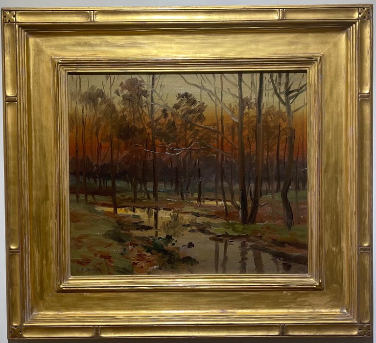 Antique Tonalist Sunset Autumn Woods painting w/ Creek Newcomb Macklin Frame - Painting by John Elwood Bundy