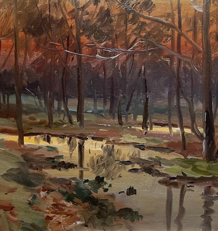 Antique Tonalist Sunset Autumn Woods painting w/ Creek Newcomb Macklin Frame - Brown Landscape Painting by John Elwood Bundy