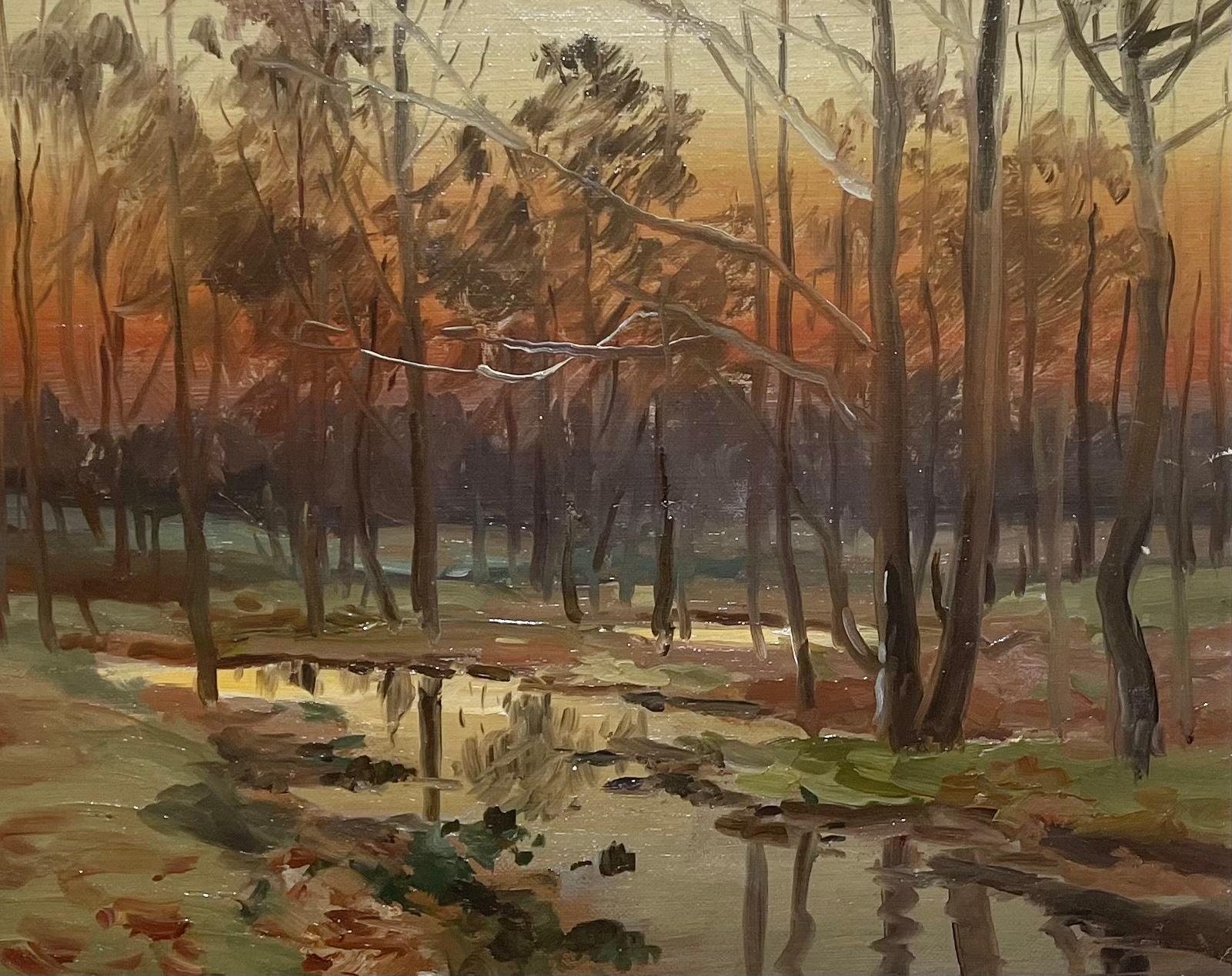 Antique Tonalist Sunset Autumn Woods painting w/ Creek Newcomb Macklin Frame - American Impressionist Painting by John Elwood Bundy