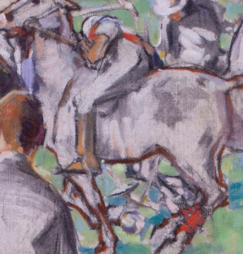 Un elegante dipinto a olio originale che raffigura un'istantanea della vita americana degli anni '30 con figure al polo, opera dell'artista americano John Emmet Sheridan.

Sheridan (14 giugno 1877 - 3 luglio 1948) è stato un illustratore molto