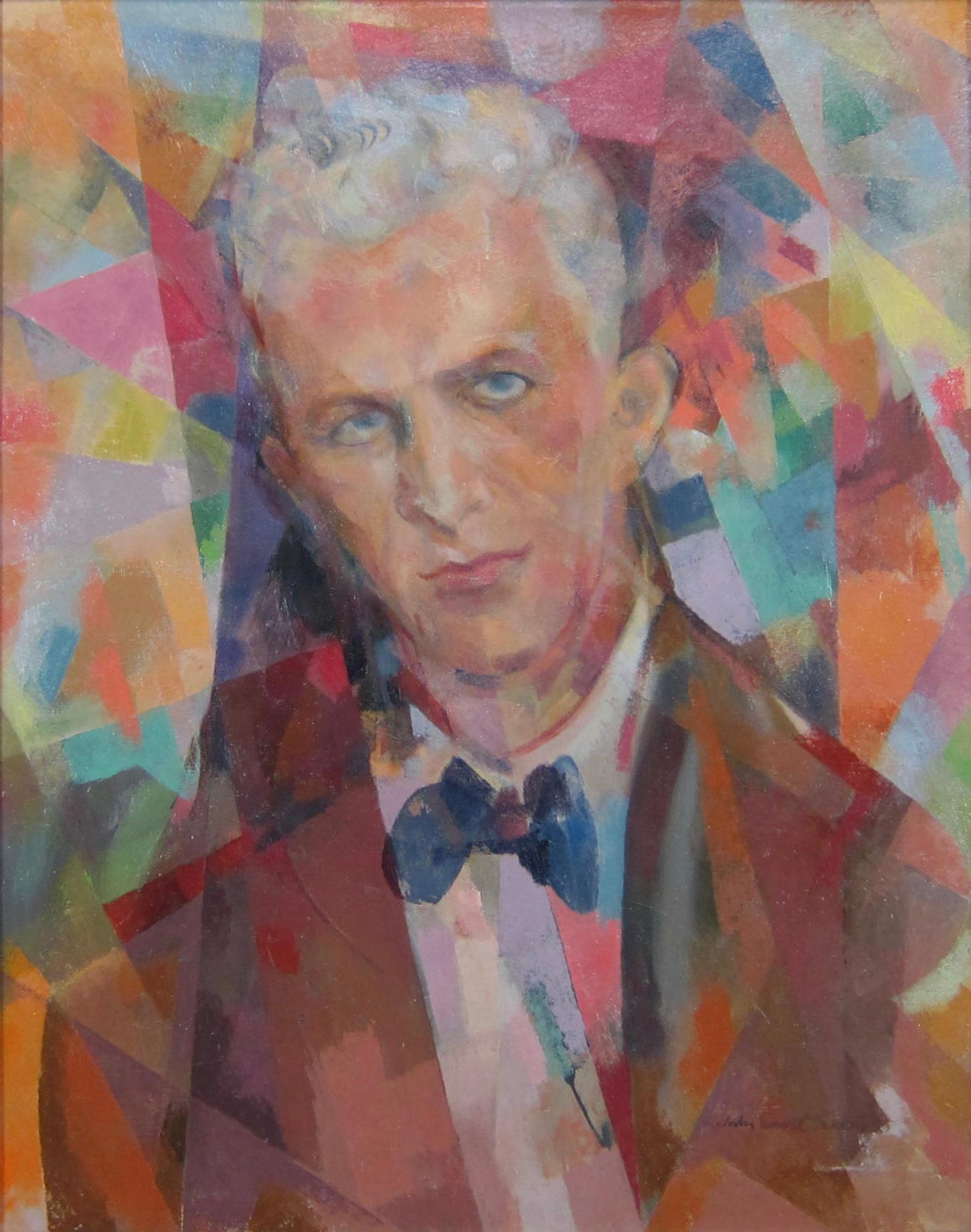 Synchromist oil painting portrait of a man by California artist John Emmett Gerrity. 
About the artist: John Emmett Gerrity, (American 1895-1980), was born in Los Altos, California in 1895. In 1919 he began studying art on his own before studying at