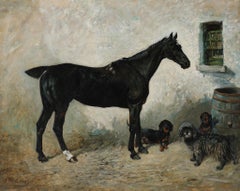 A Horse and Three Terriers in a Stableyard. By John Emms Victorian Oil Painting