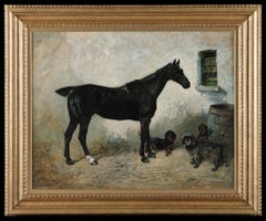 A Horse and Three Terriers in a Stableyard. By John Emms Victorian Oil Painting