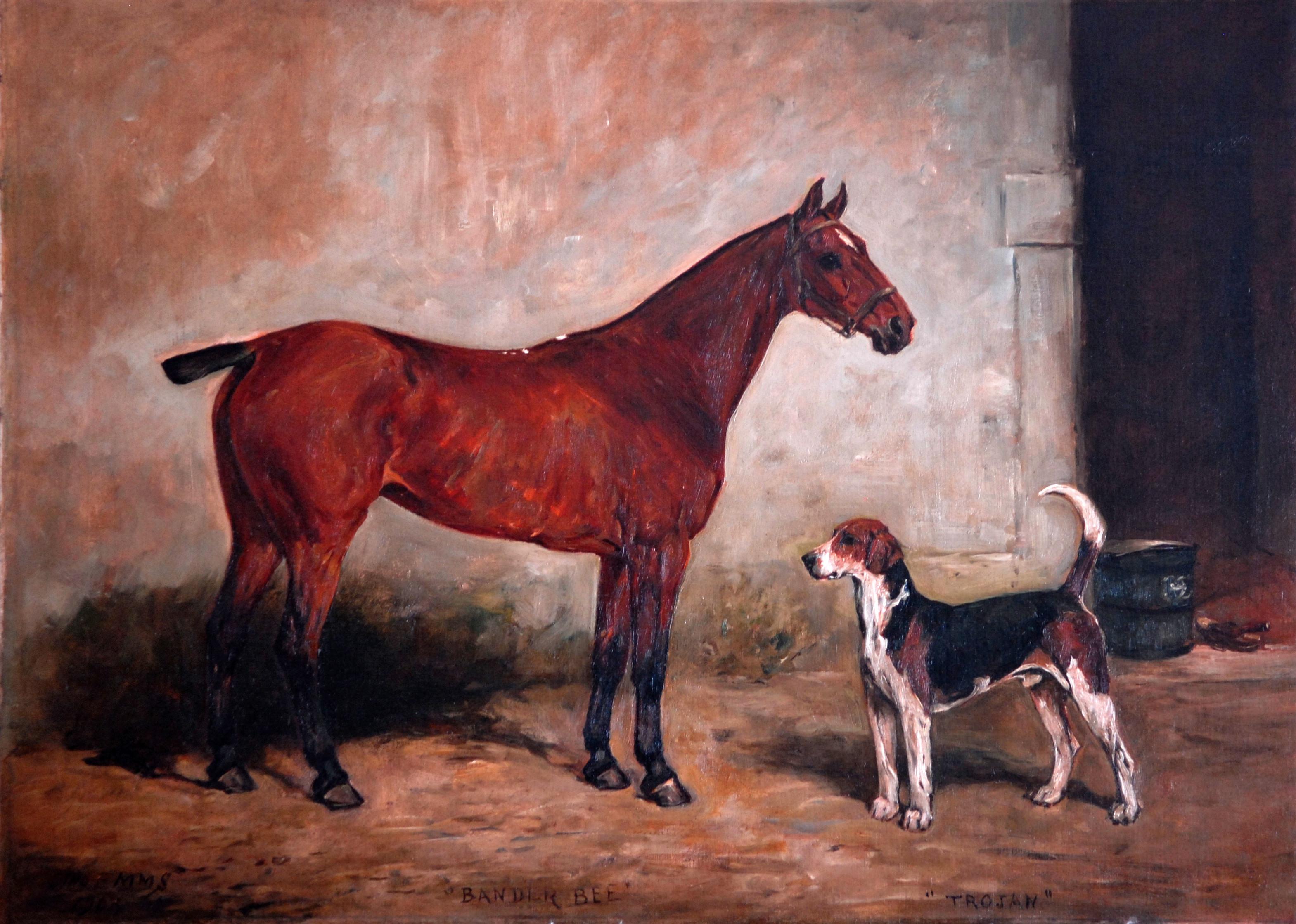Bander Bee and Trojan, a favourite Hunter and a Fox hound in a Stable Yard