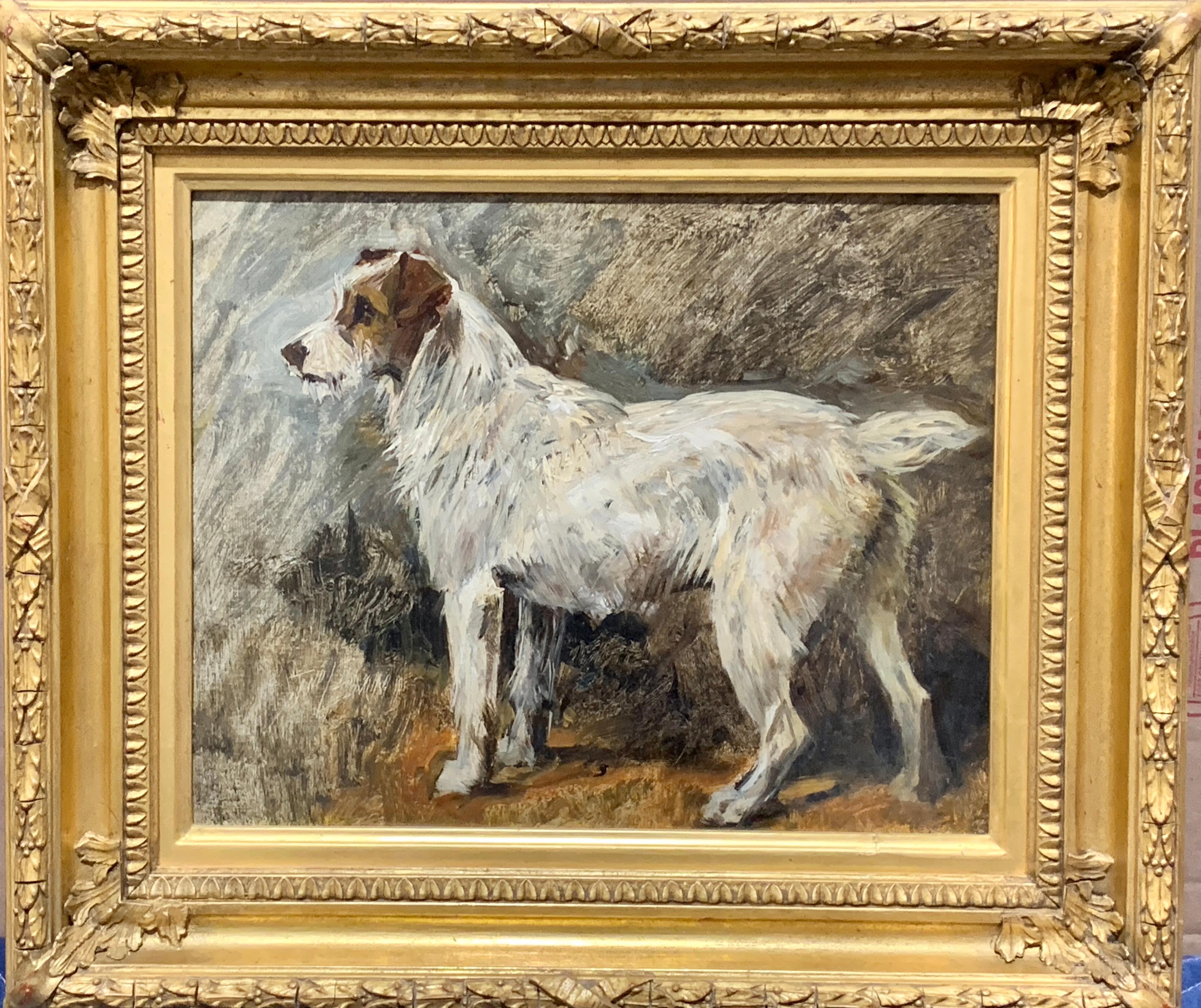 Early 20th Century English portrait of an English Jack Russell terrier dog - Painting by John Emms