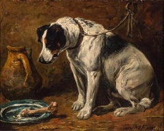 Antique John Emms dog painting 'Dinner Time' - A Smooth Fox Terrier