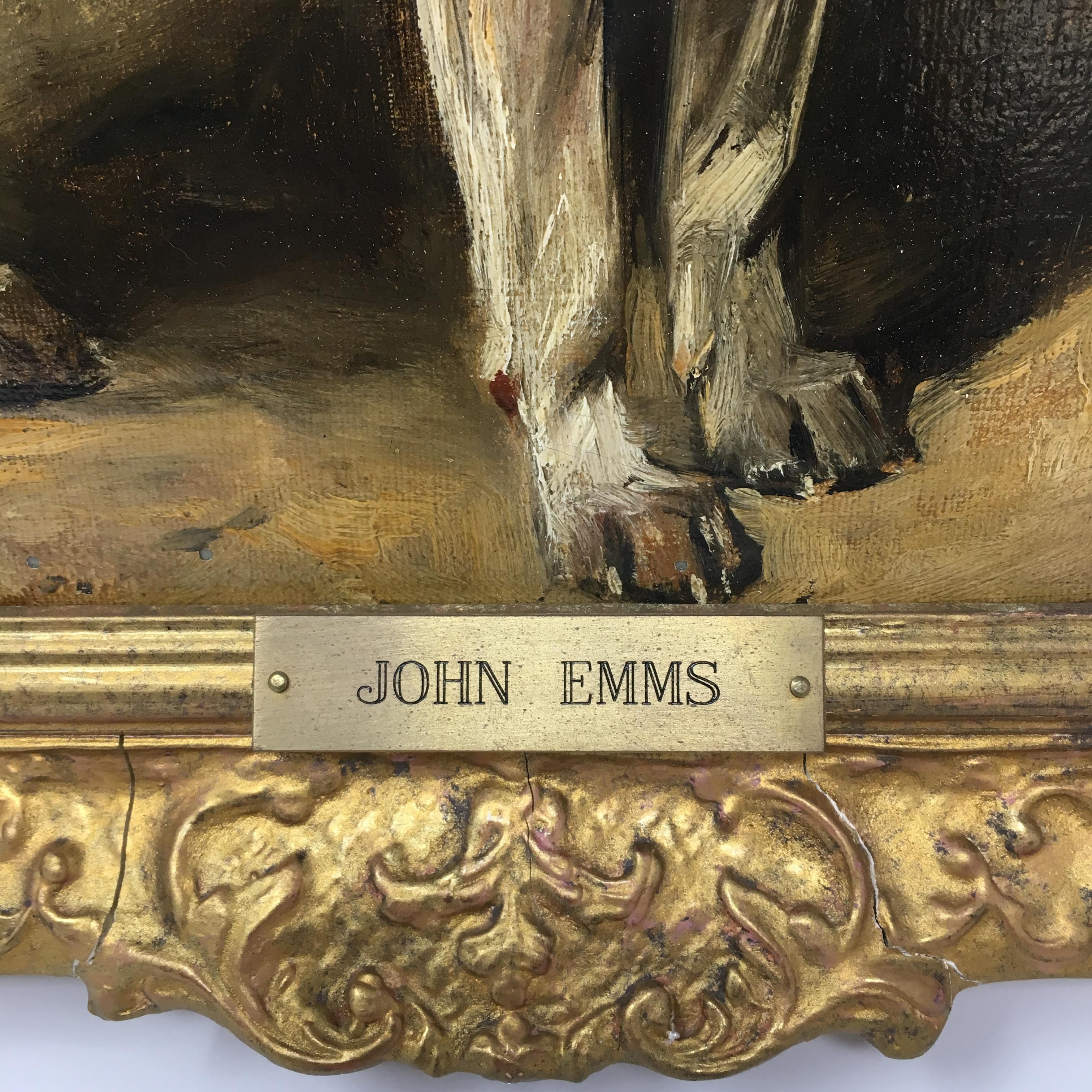John Emms (Bristish, 1843 - 1912)
'Turk'  A Jack Russell Terrier
Signed lower right 'Jno Emms' and inscribed 'Turk'
'John Emms' inscribed on brass name plate
Oil on canvas
12in H x 15 1.2in L
In gilt frame: 171/2in H x 21in L x 2 1/2in
Provenance: