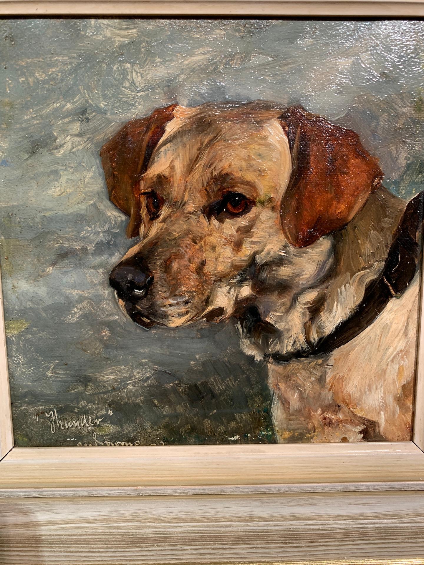 Late 19th Century English portrait of an English Labrador dog head, Thunder - Painting by John Emms