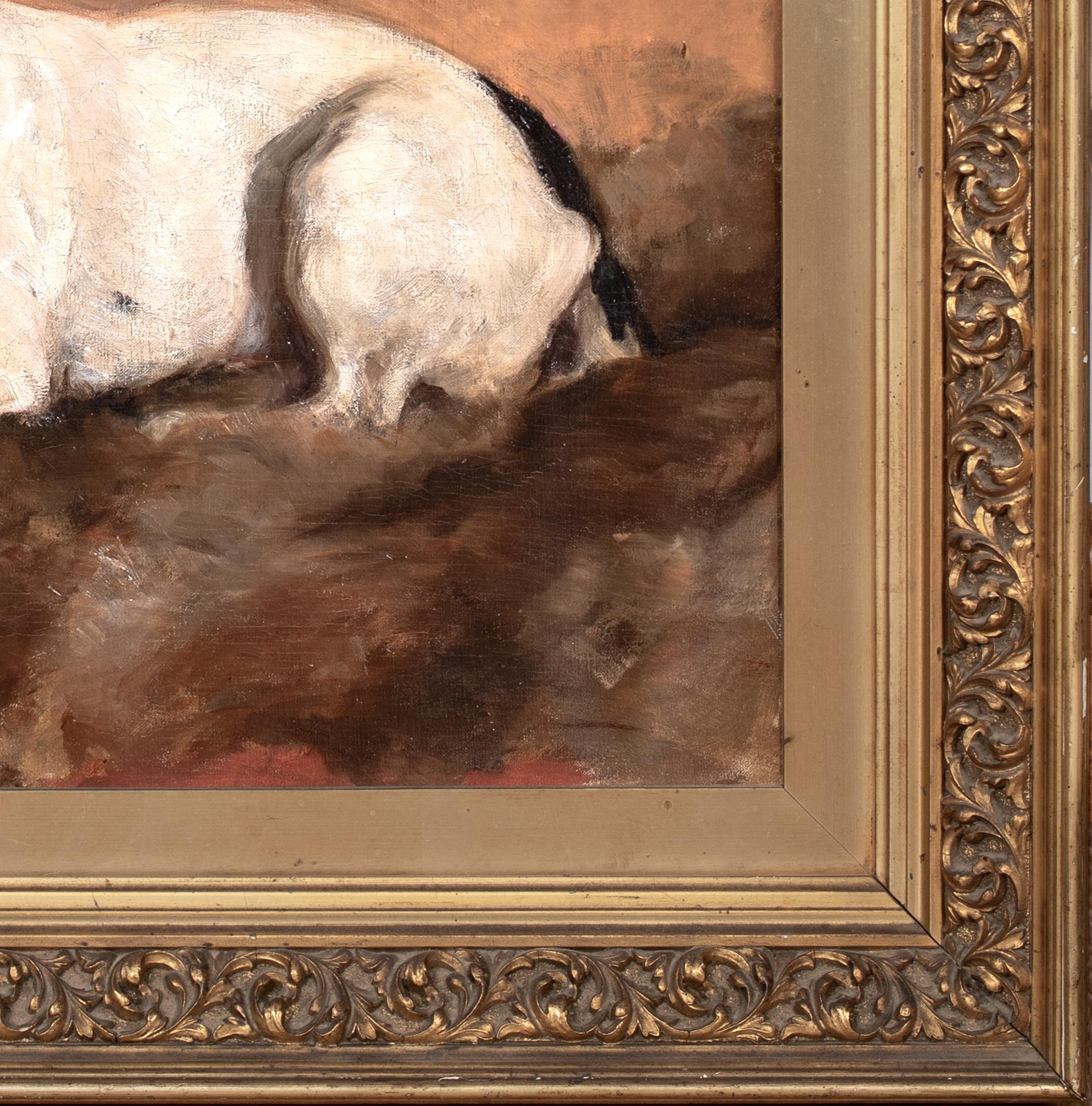 Jack Russell Terrier, XIX secolo

Grande ritratto inglese del XIX secolo di un cane Jack Russell terrier, olio su tela attribuito a John Emms. Studio di eccellente qualità e condizione del Jack Russell sdraiato su una coperta di pelliccia.