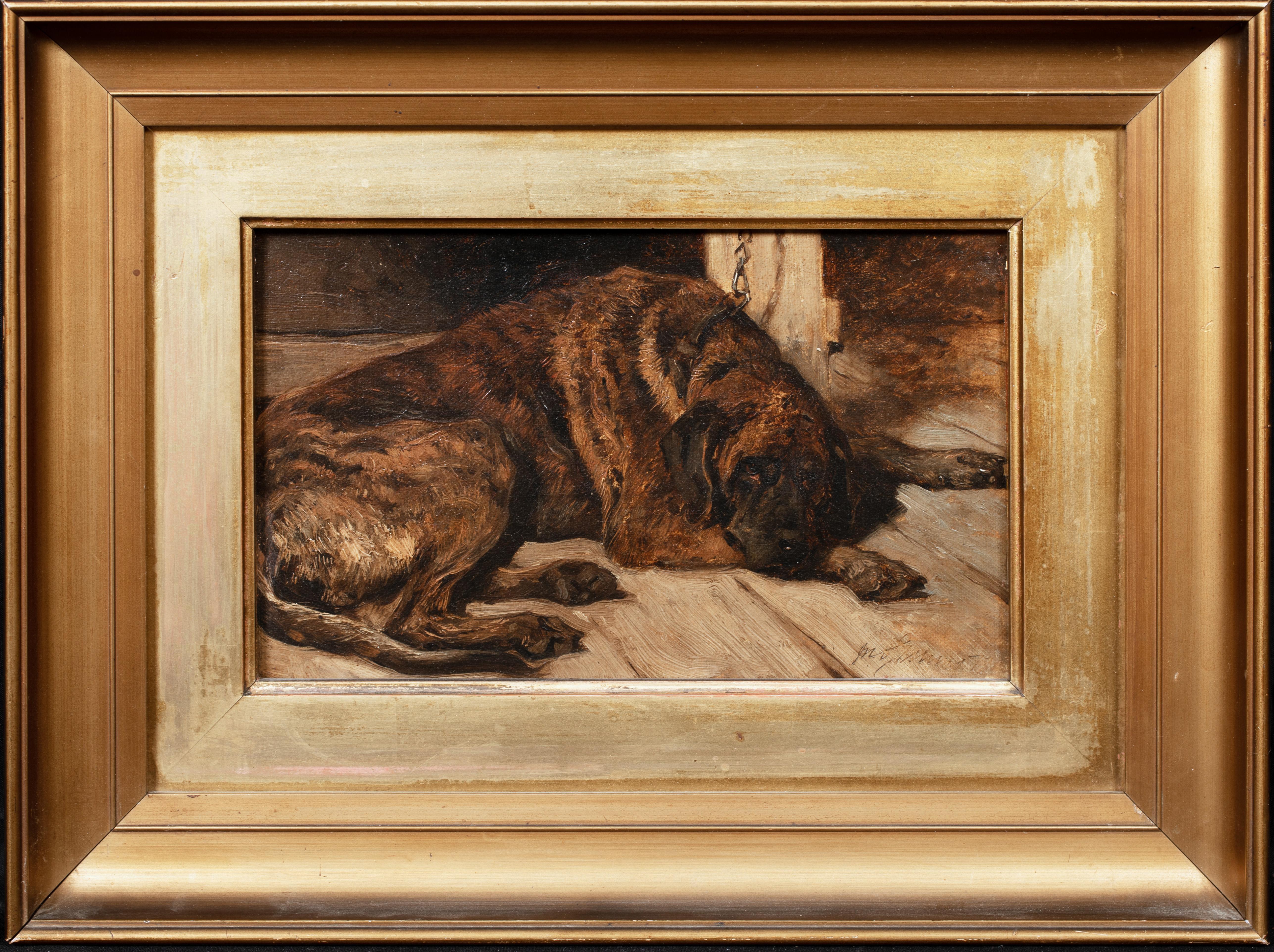 Portrait Of Brindle Coasted Mastiff Sleeping, 19th Century   - Painting by John Emms