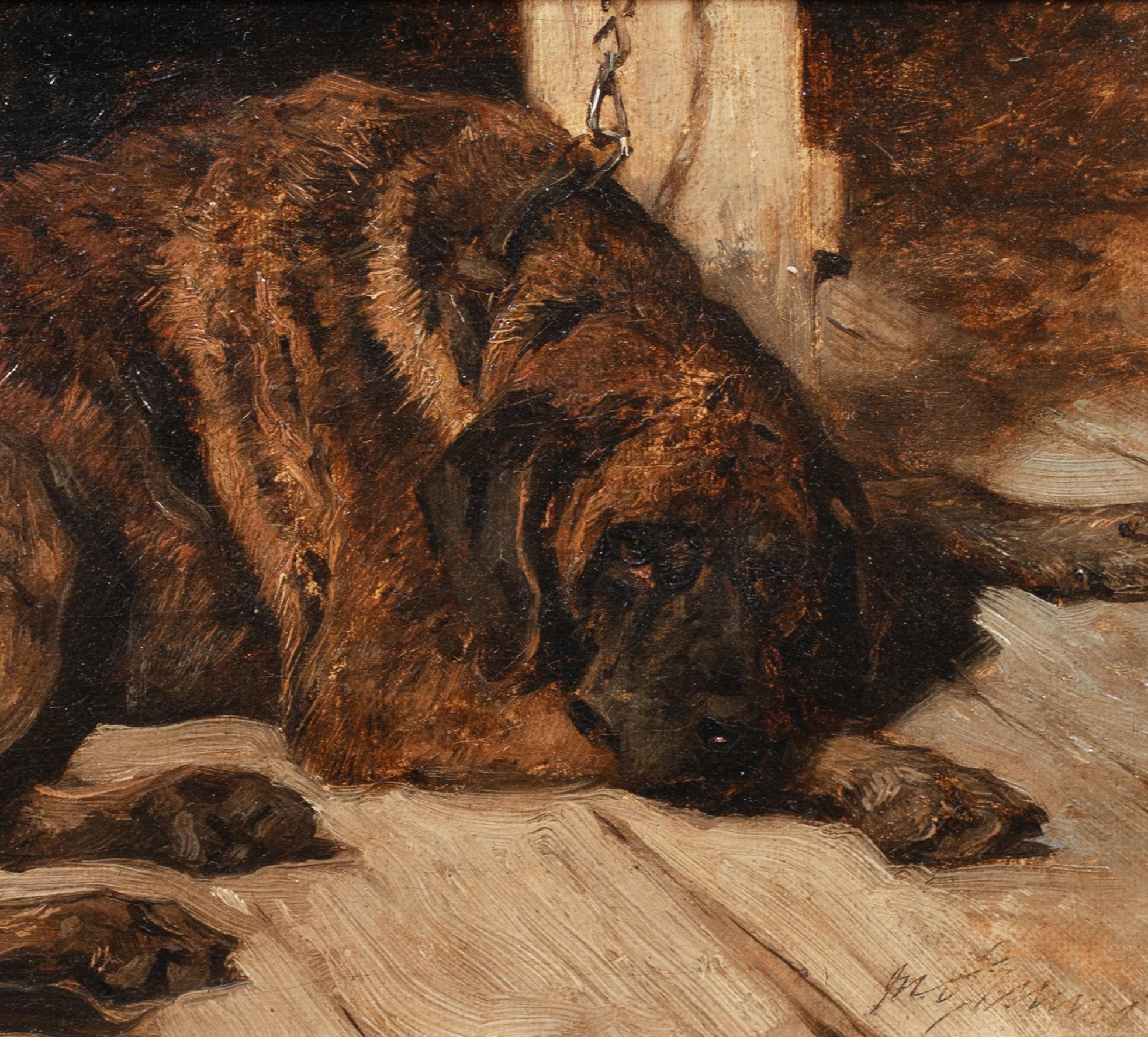 Portrait Of Brindle Coasted Mastiff Sleeping, 19th Century   - Brown Portrait Painting by John Emms