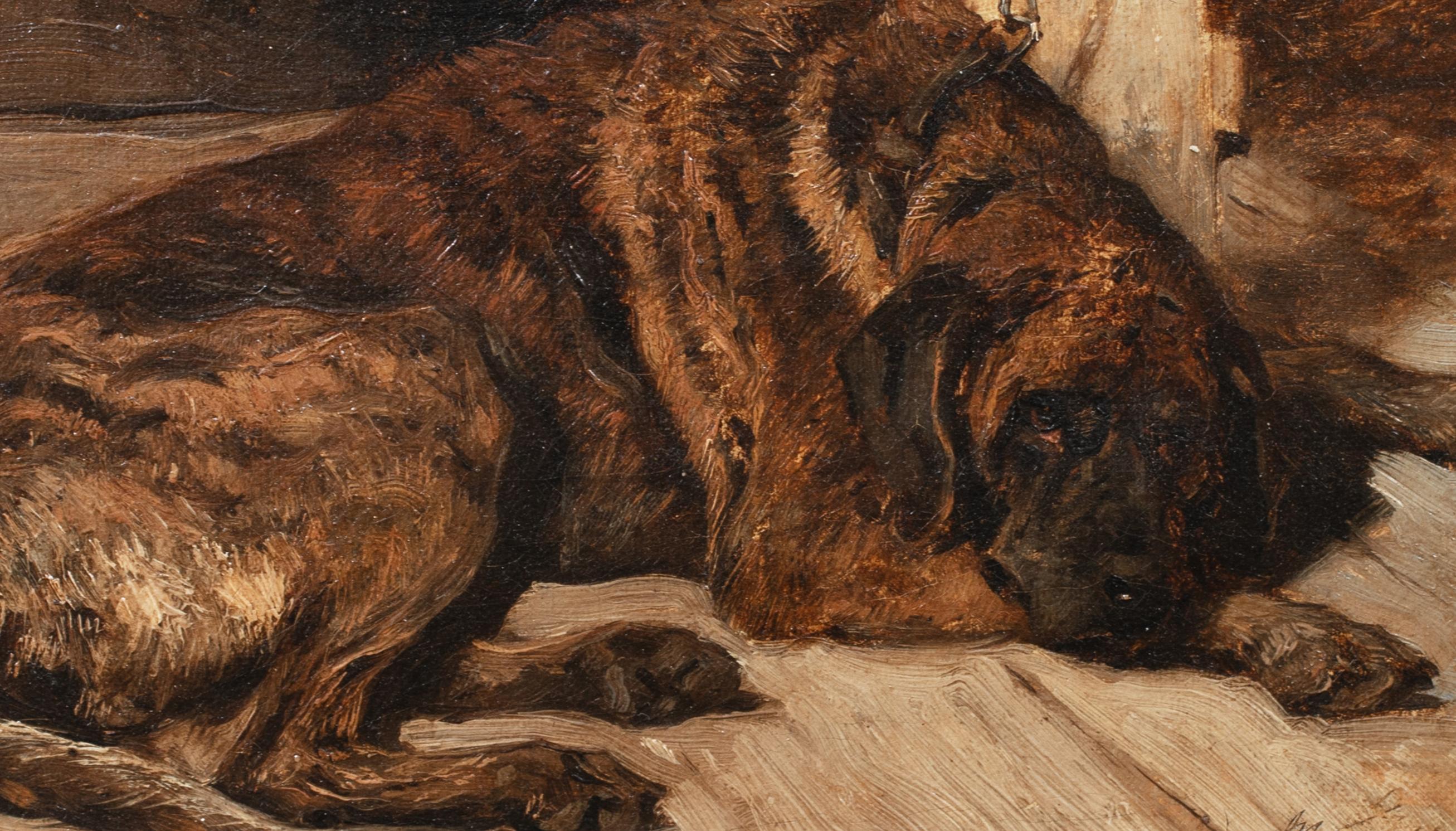  Portrait Of Brindle Coasted Mastiff Sleeping, 19th Century

by JOHN EMMS (1844-1912)

19th Century portrait of a sleeping Mastiff with a brindle coat, oil on canvas by John Emms, Excellent quality and condition example of the artists work signed