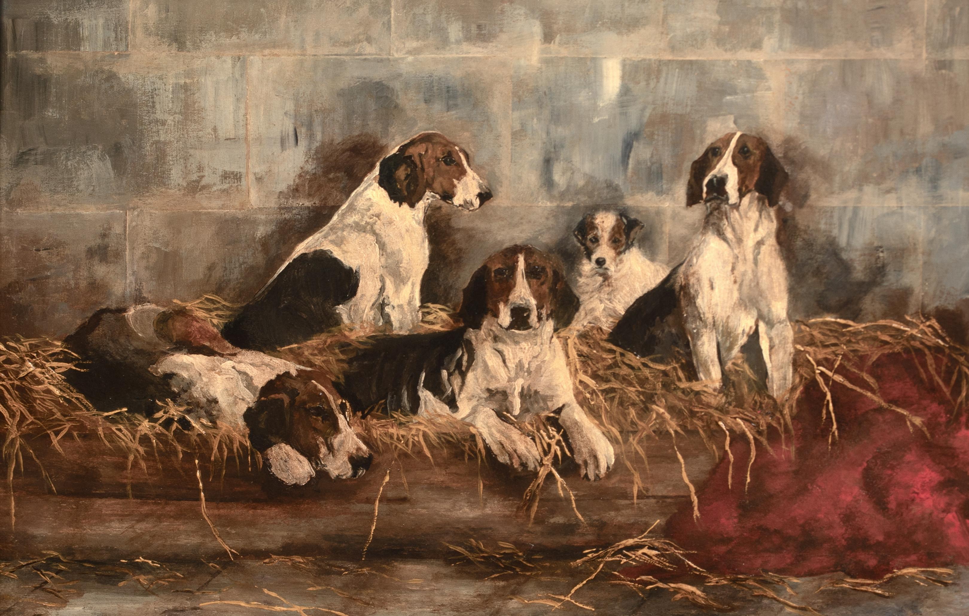 Los Sabuesos De La Nueva Caza De Townberry, Siglo XIX  por JOHN EMMS (1843-1912) - Animal Painting Marrón de John Emms