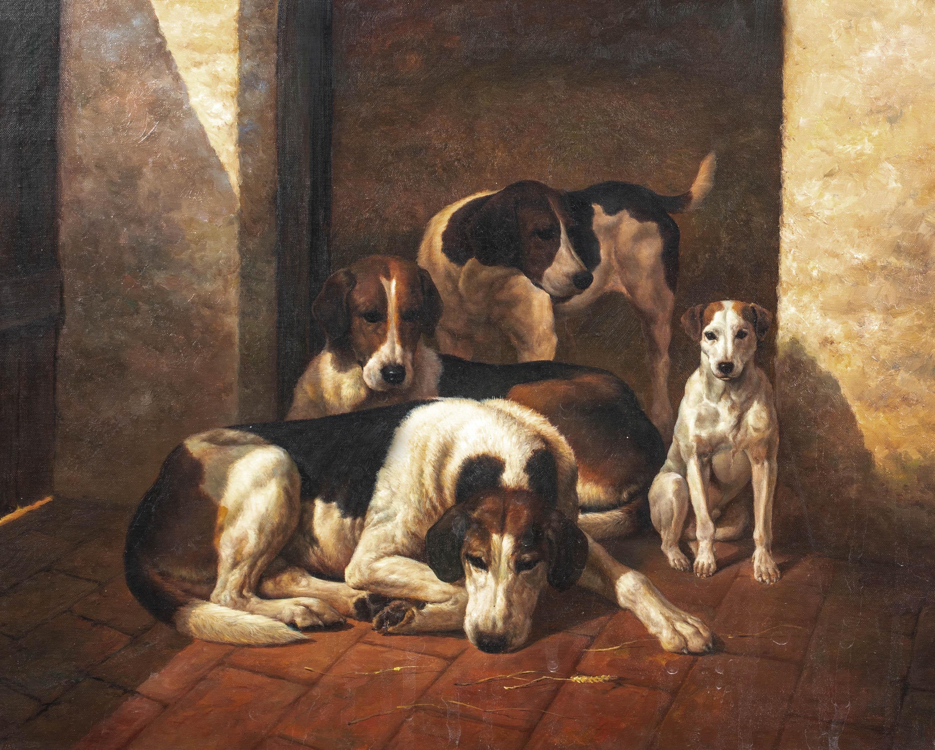Les chiens Foxhounds de New Forest, vers 1900

cercle de JOHN EMMS (1843-1812)

Grand portrait de l'école anglaise datant d'environ 1900, représentant des chiens renards de New Forest au repos dans un intérieur, huile sur toile. Excellente qualité