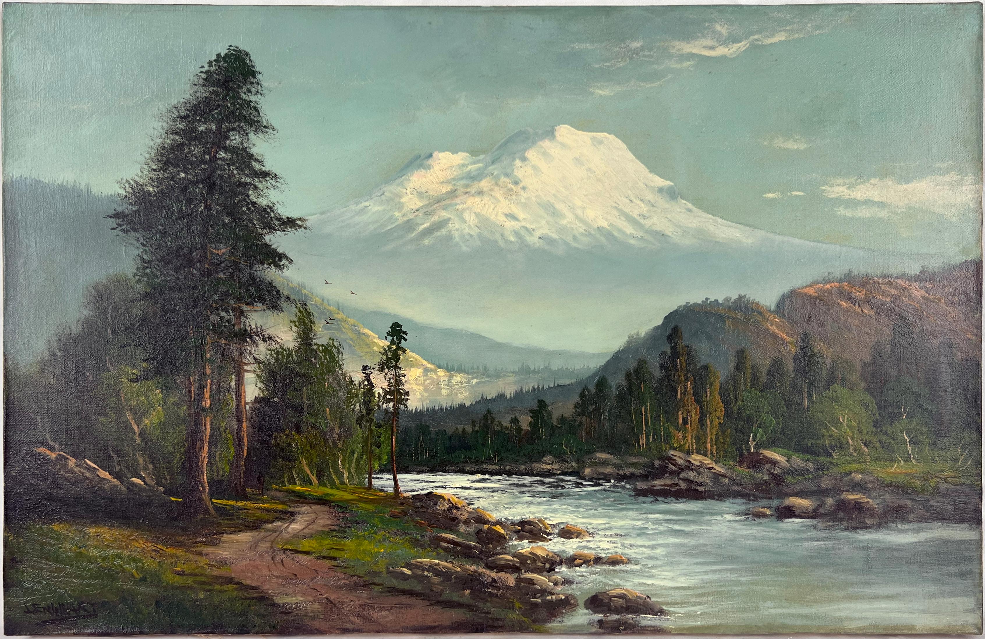 Mt Shasta Paseo primaveral por el río bajo la montaña Óleo original sobre lino - Painting de John Englehart