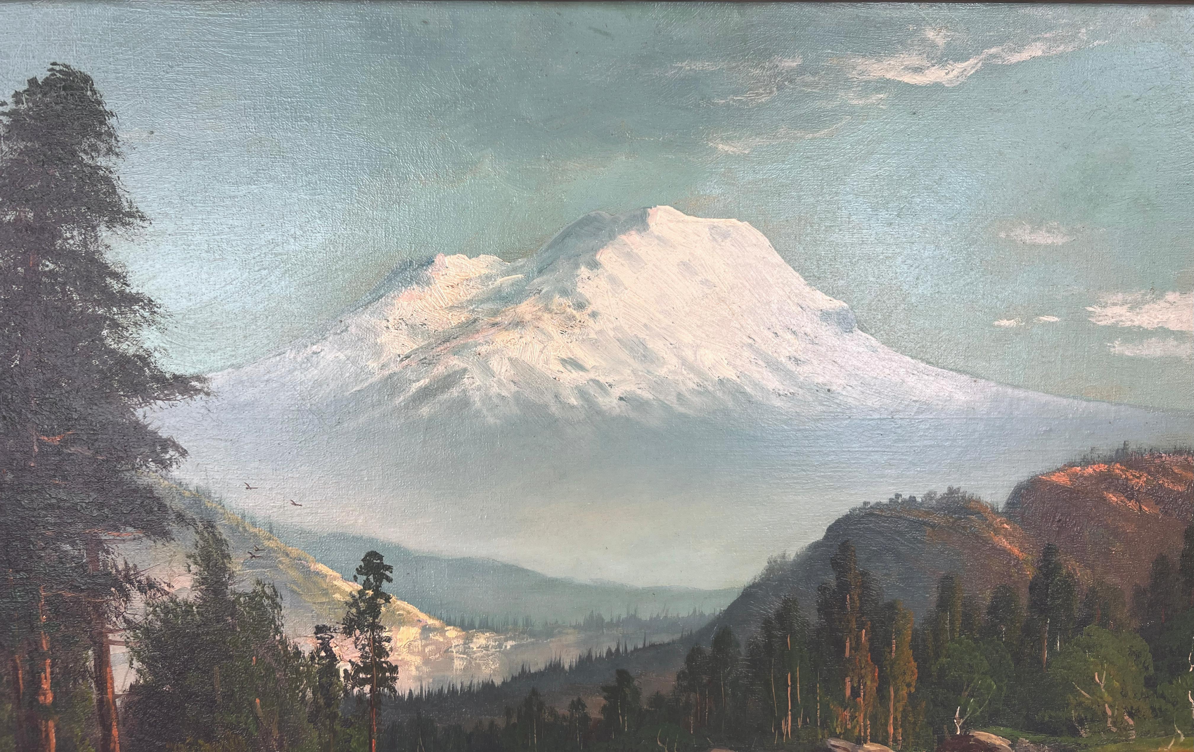 Mt Shasta Paseo primaveral por el río bajo la montaña Óleo original sobre lino - Painting Escuela del río Hudson de John Englehart