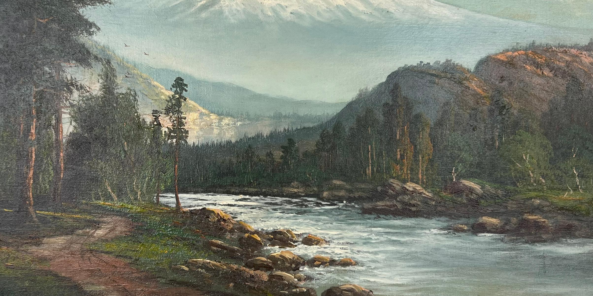 Mt Shasta Paseo primaveral por el río bajo la montaña Óleo original sobre lino - Figurative Painting Marrón de John Englehart