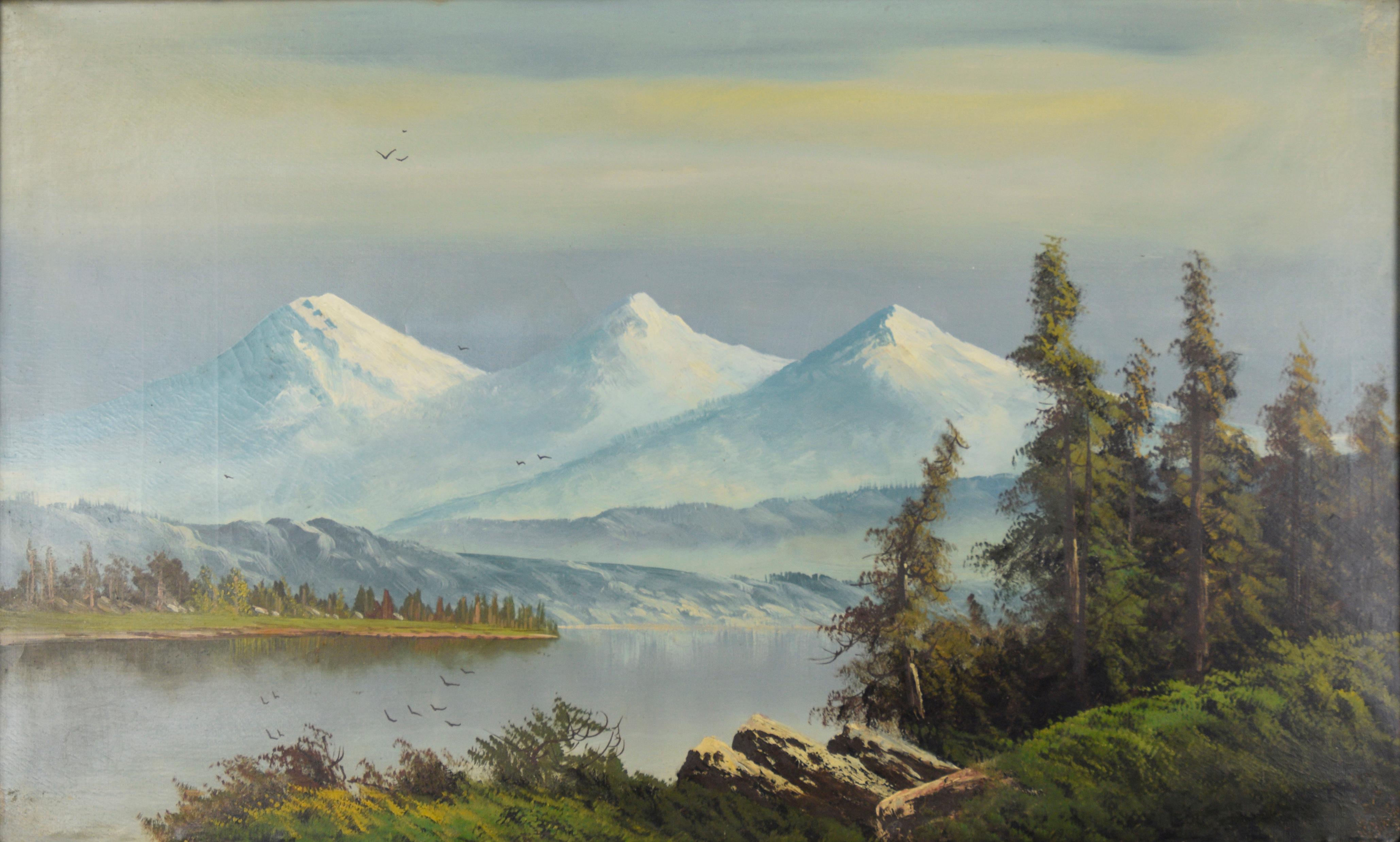 Three Sisters in the Cascade Range, Oregon Lake with Birds Migrating - Painting by John Englehart