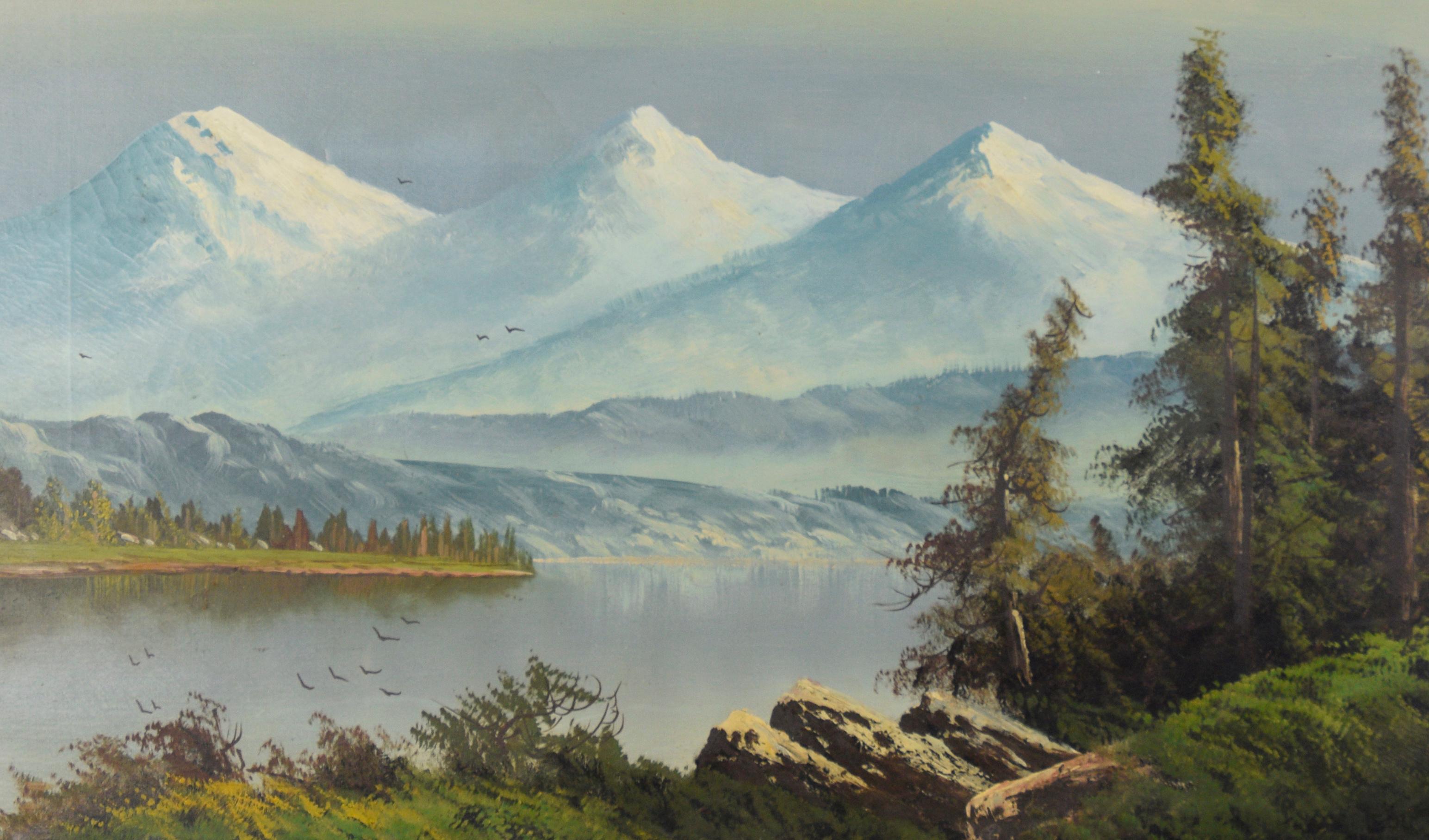 Three Sisters in the Cascade Range, Oregon Lake with Birds Migrating - Impressionist Painting by John Englehart