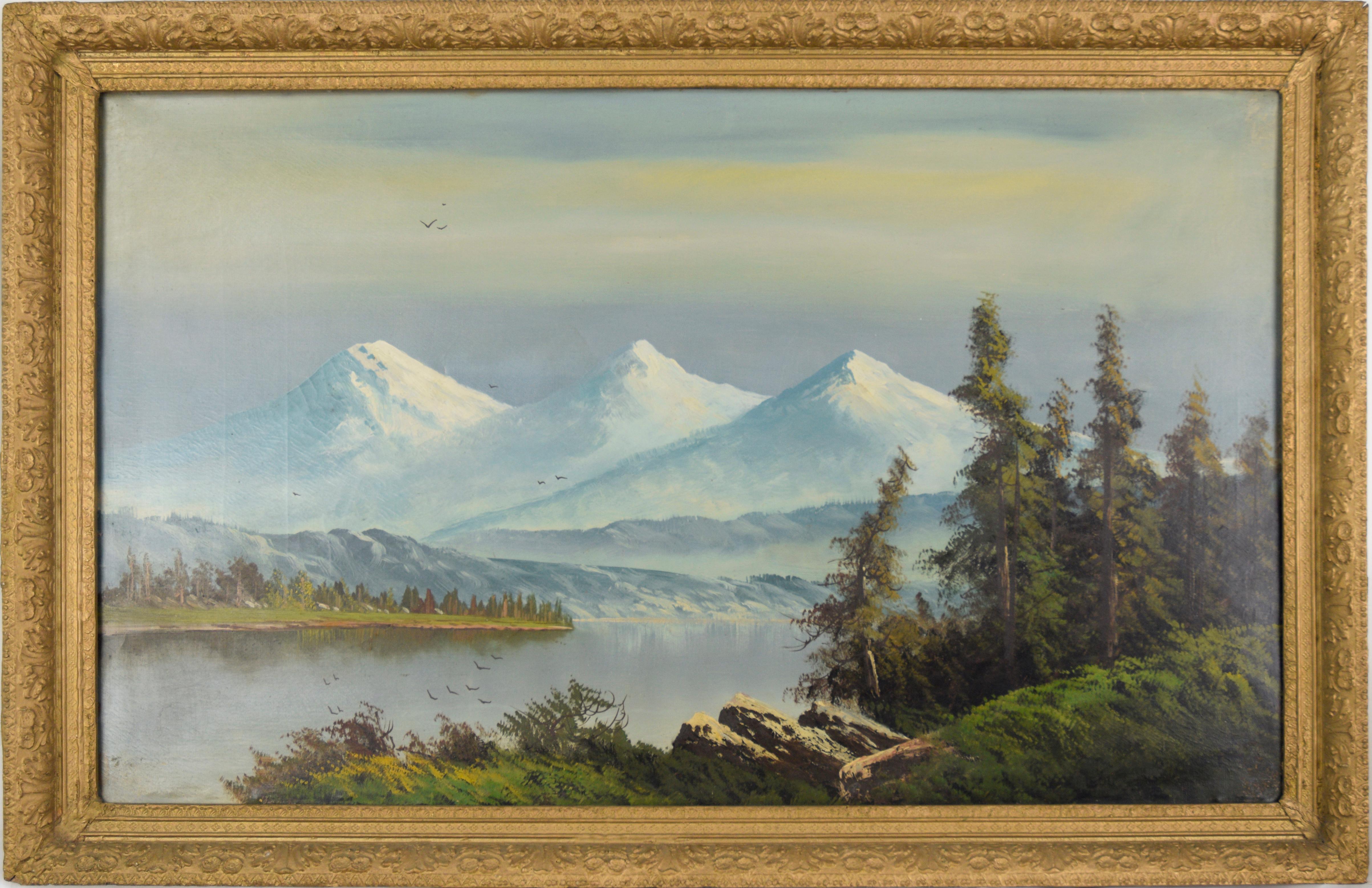 Landscape Painting John Englehart - Trois sœurs dans la chaîne Cascade, lac de l'Oregon avec oiseaux migrant