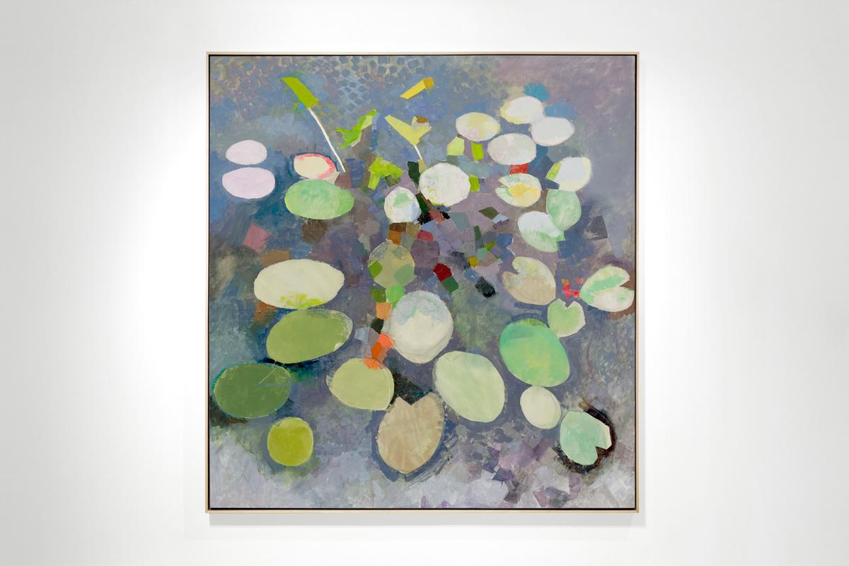 MANY LIVES, Water Lilies, Nature, Earth Tones, Botanic Gardens, Blue, Grey - Painting by John Evans