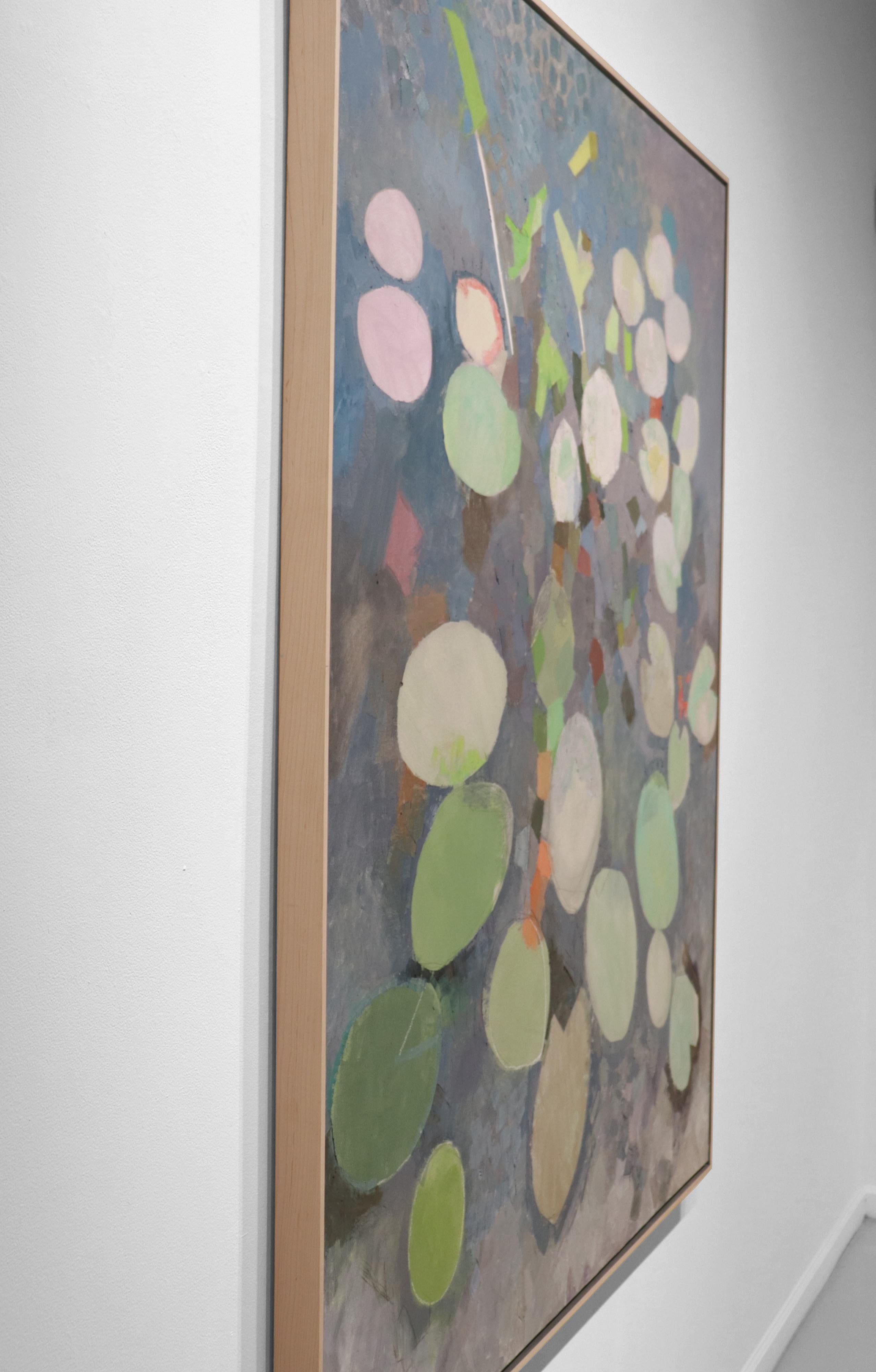 MANY LIVES, Water Lilies, Nature, Earth Tones, Botanic Gardens, Blue, Grey - Abstract Painting by John Evans
