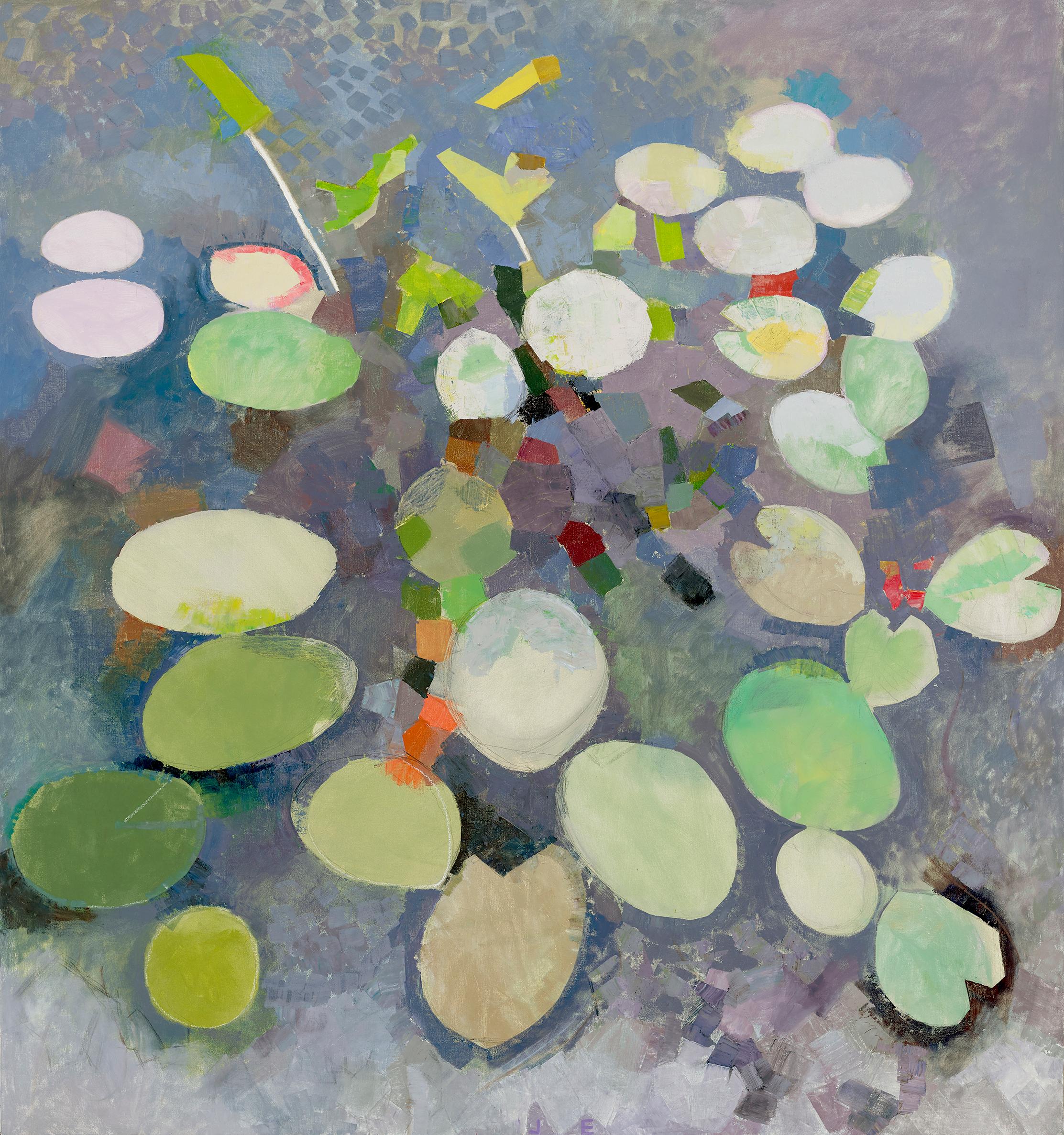 John Evans Abstract Painting - MANY LIVES, Water Lilies, Nature, Earth Tones, Botanic Gardens, Blue, Grey
